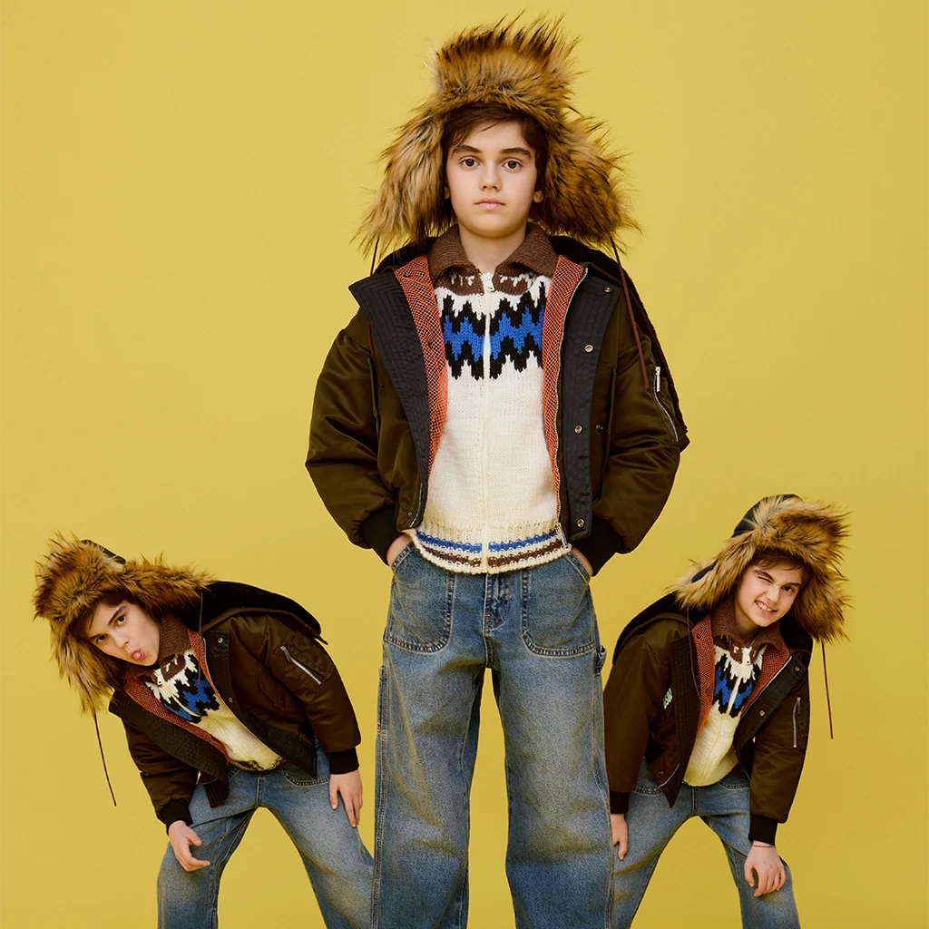 A child triplicated in a kaleidoscope effect, wearing a cool winter outfit against a bright yellow background.