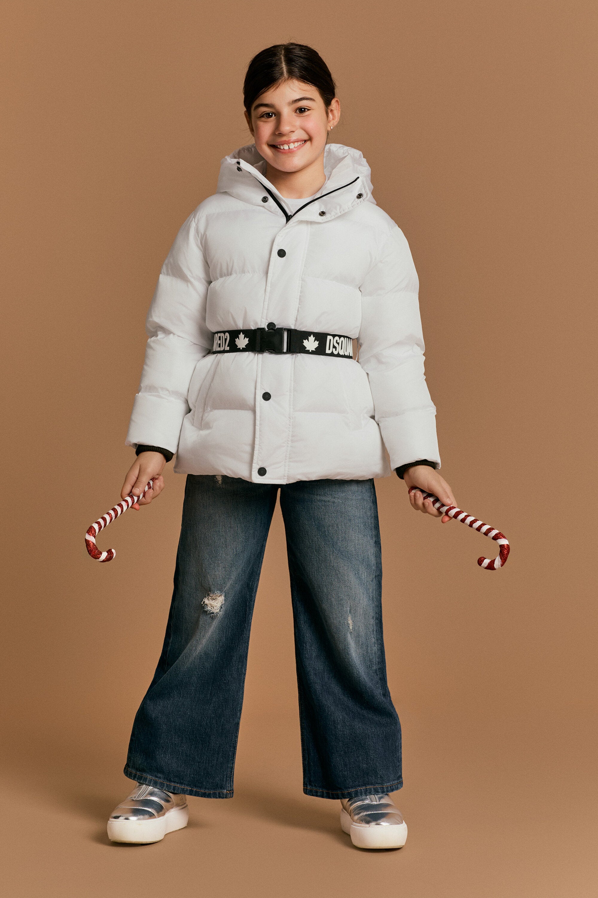 Long padded jacket with branded belt