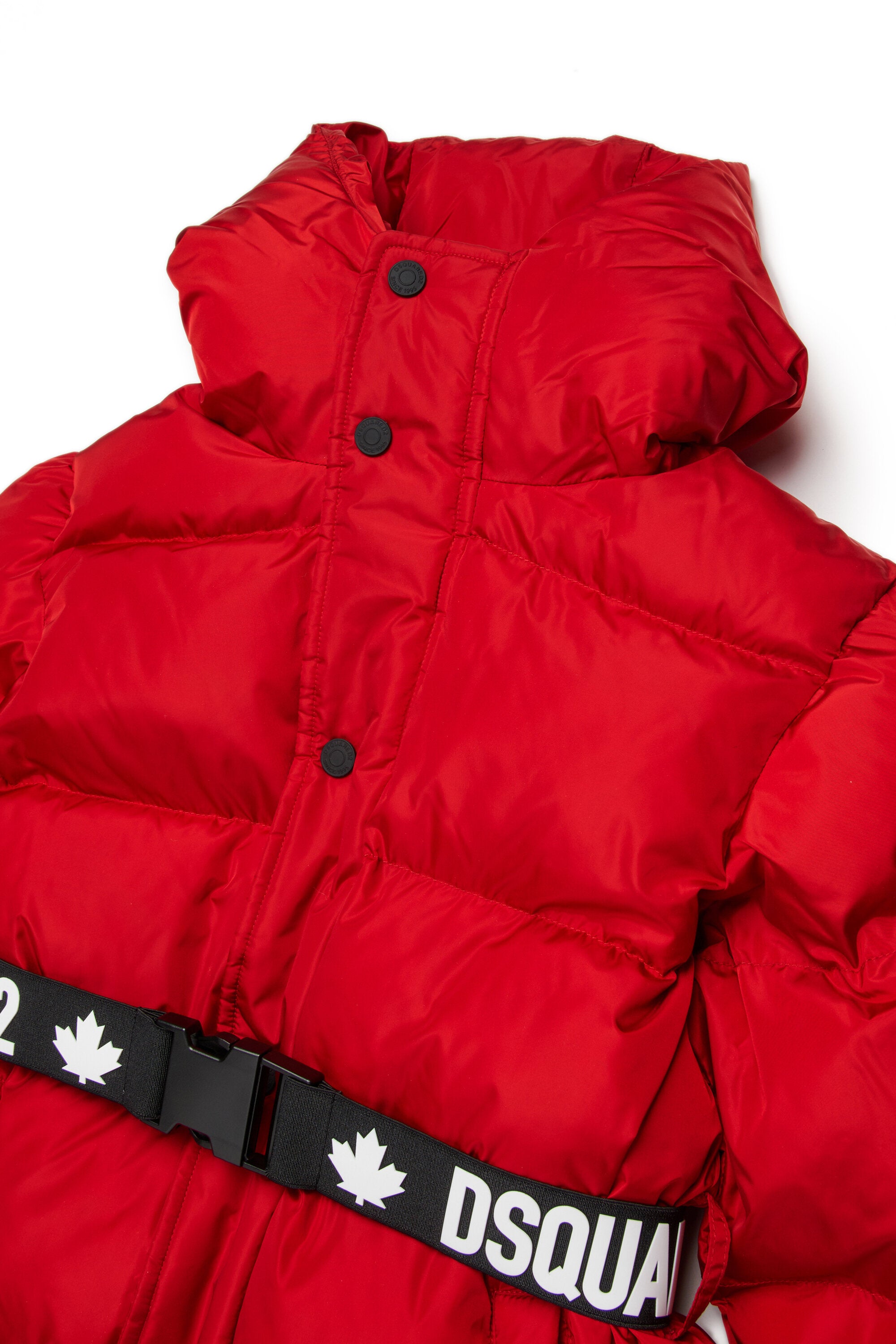 Long padded jacket with branded belt