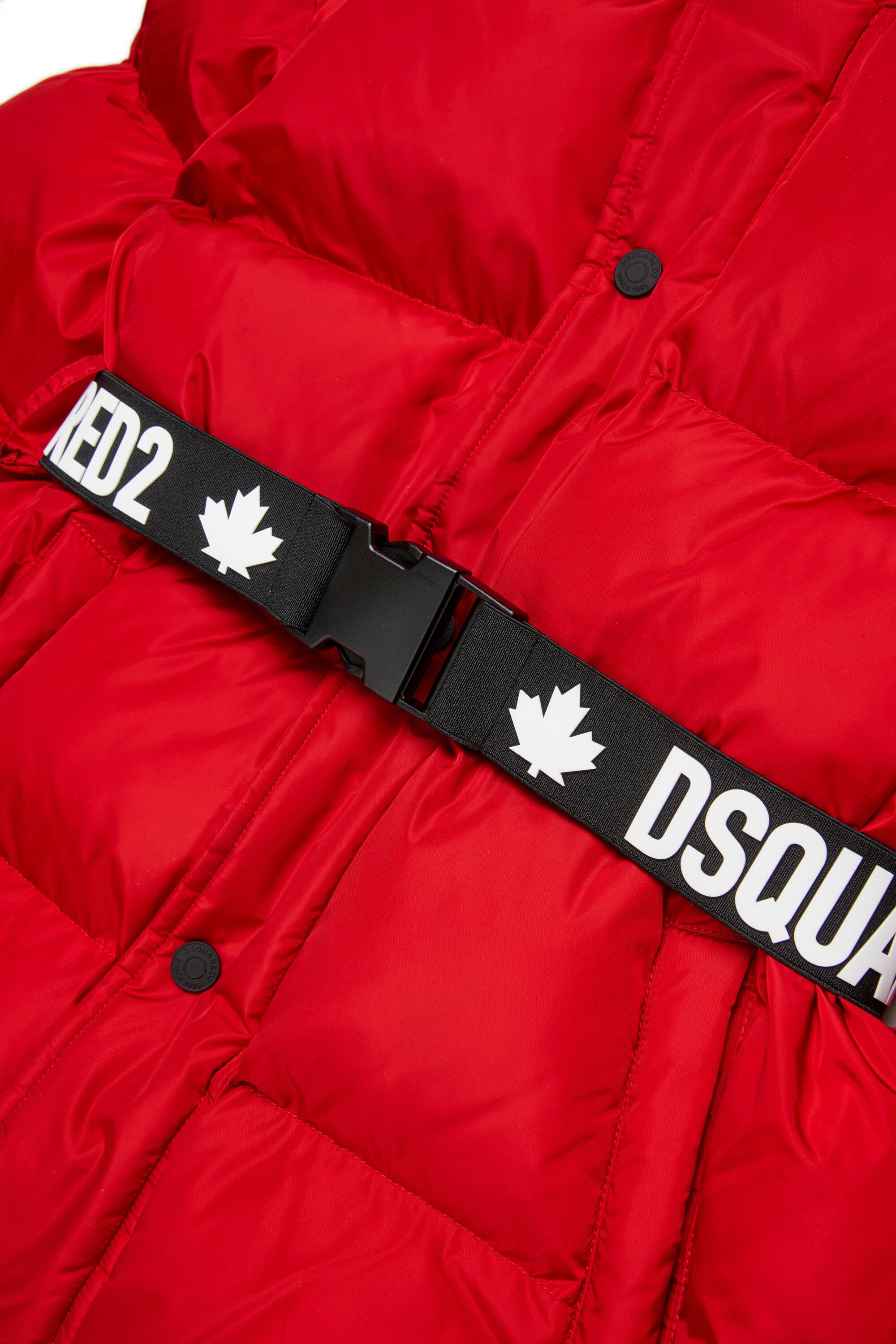 Long padded jacket with branded belt