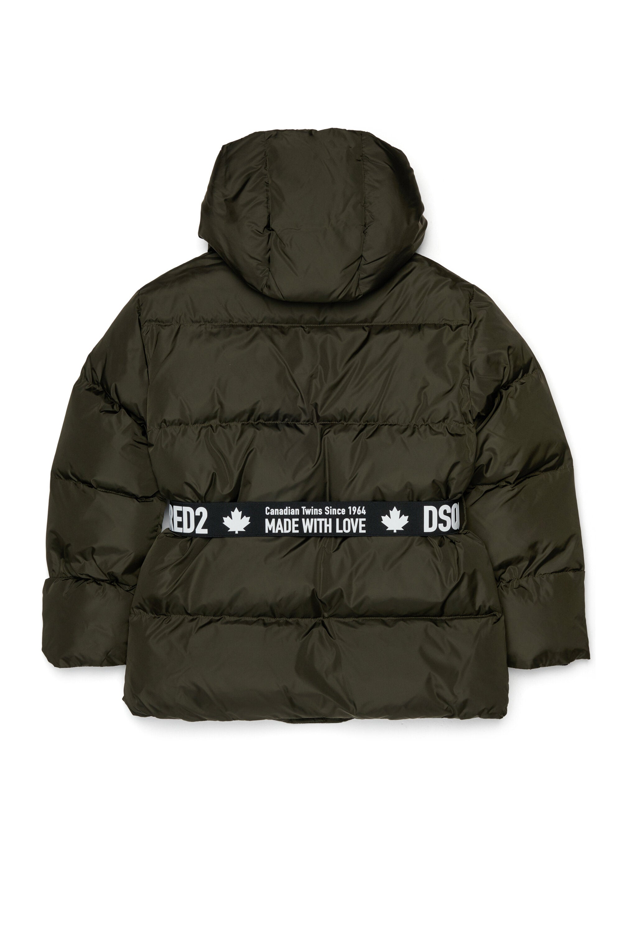 Long padded jacket with branded belt