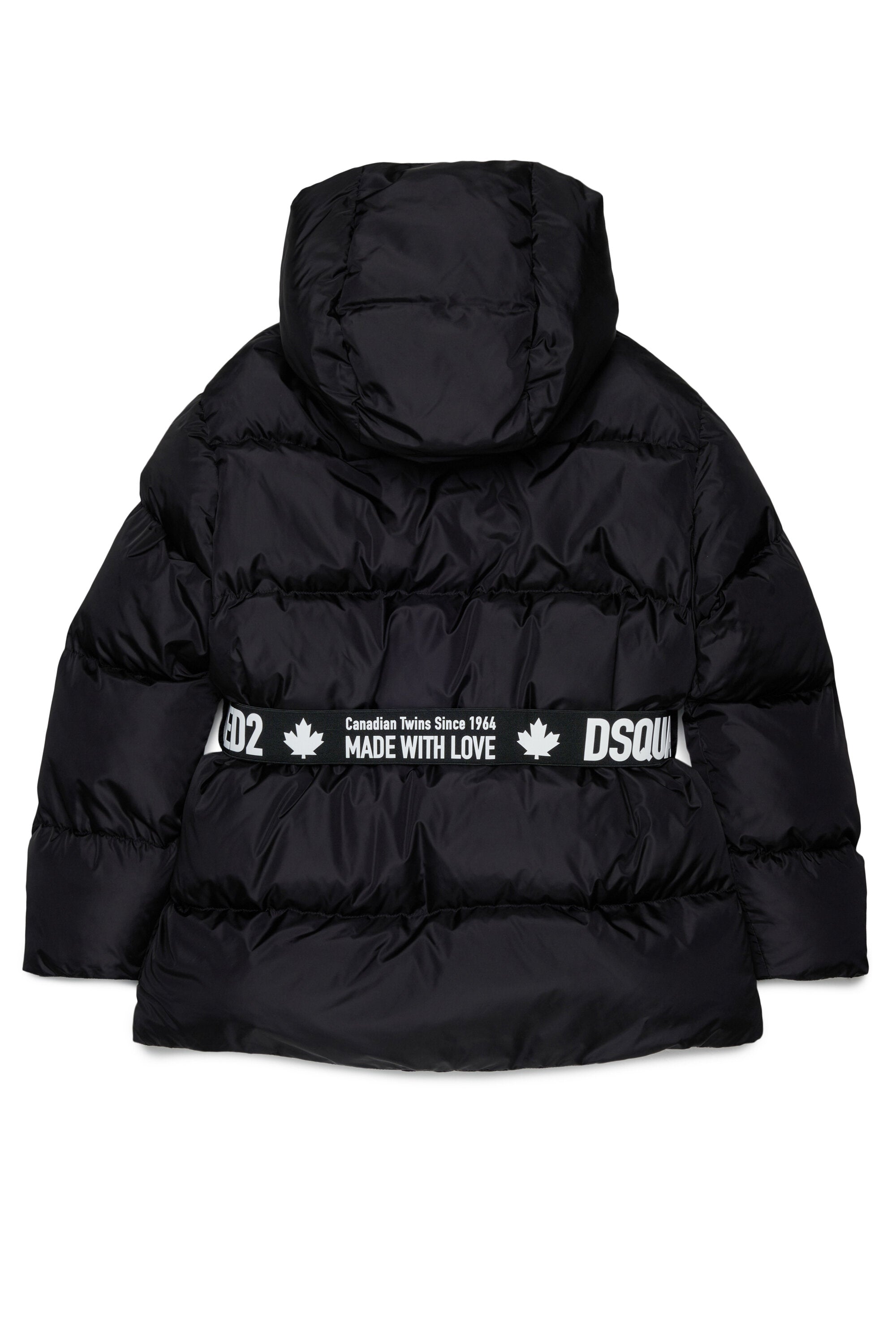 Long padded jacket with branded belt
