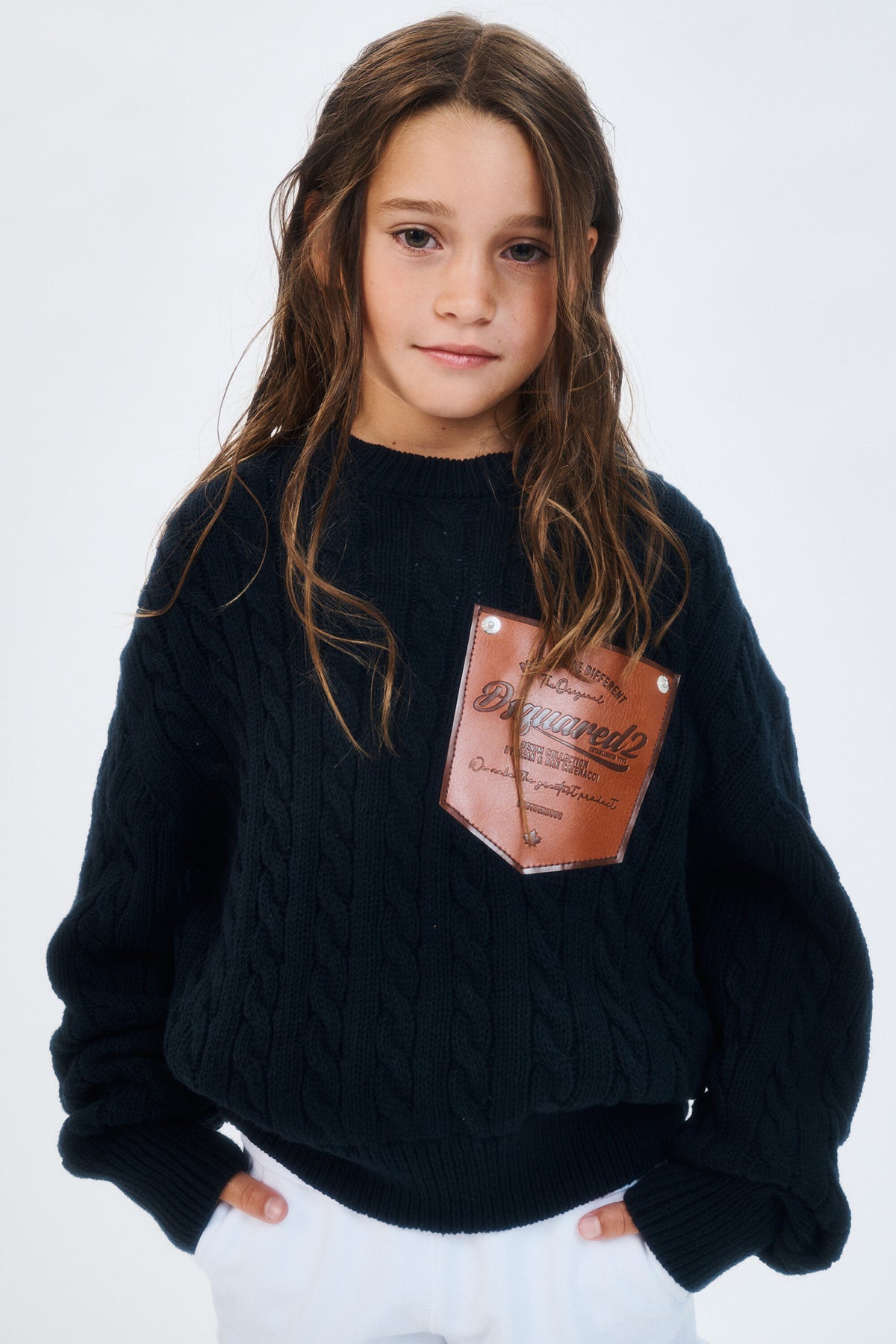 Cable-knit crewneck pullover with logo