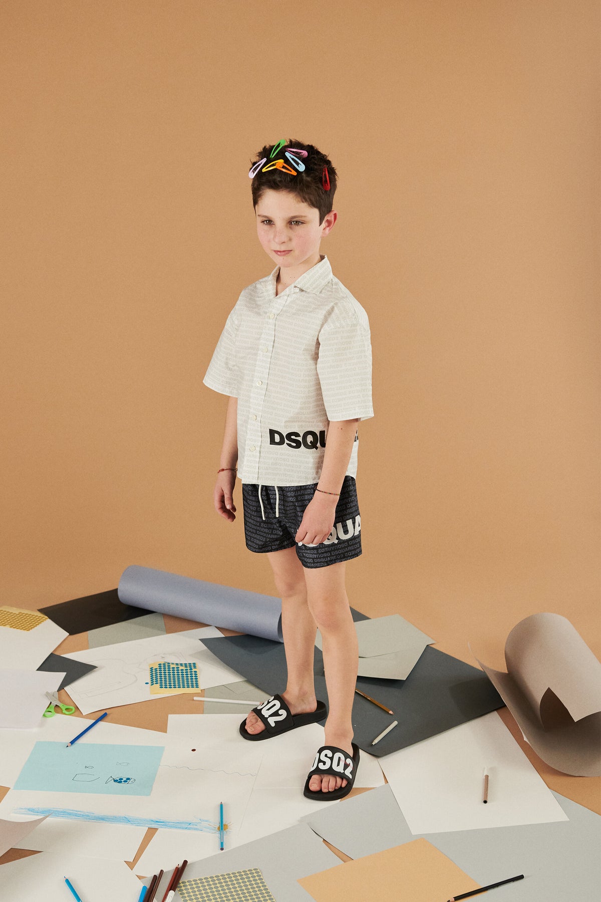 Boxer swim trunks with logo