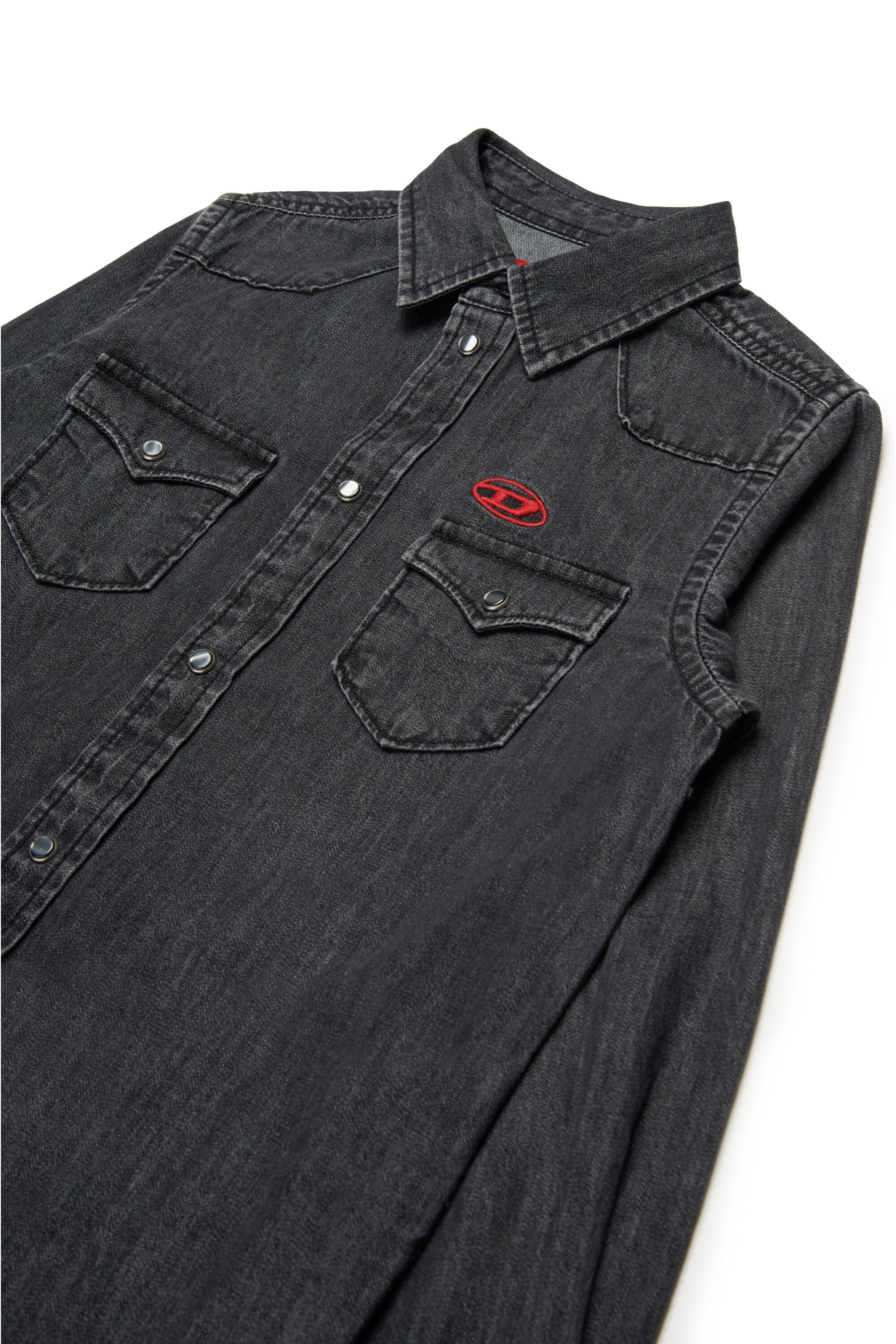 Black denim shirt branded with Oval D logo