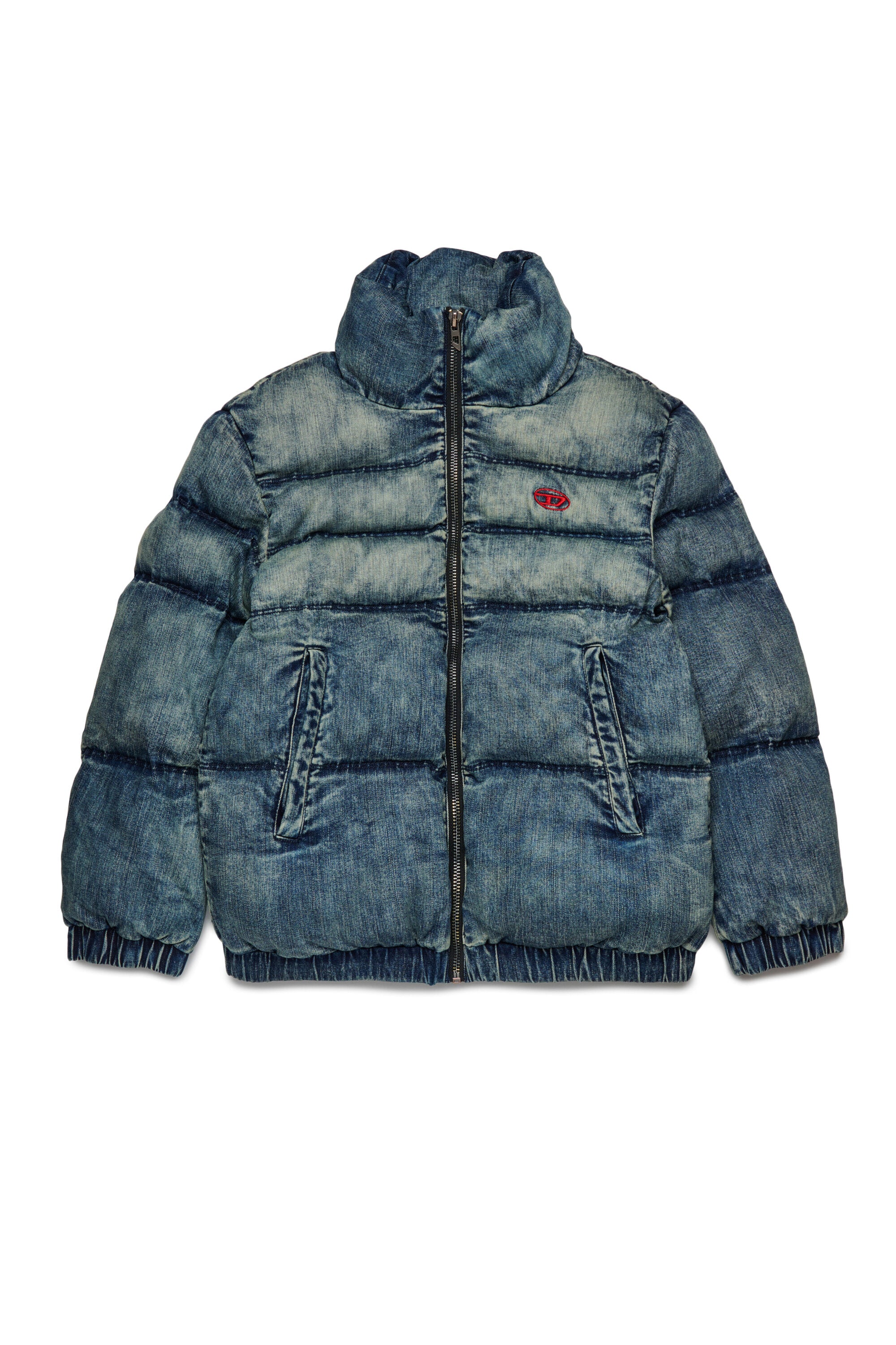 Short padded jacket in dirty effect denim