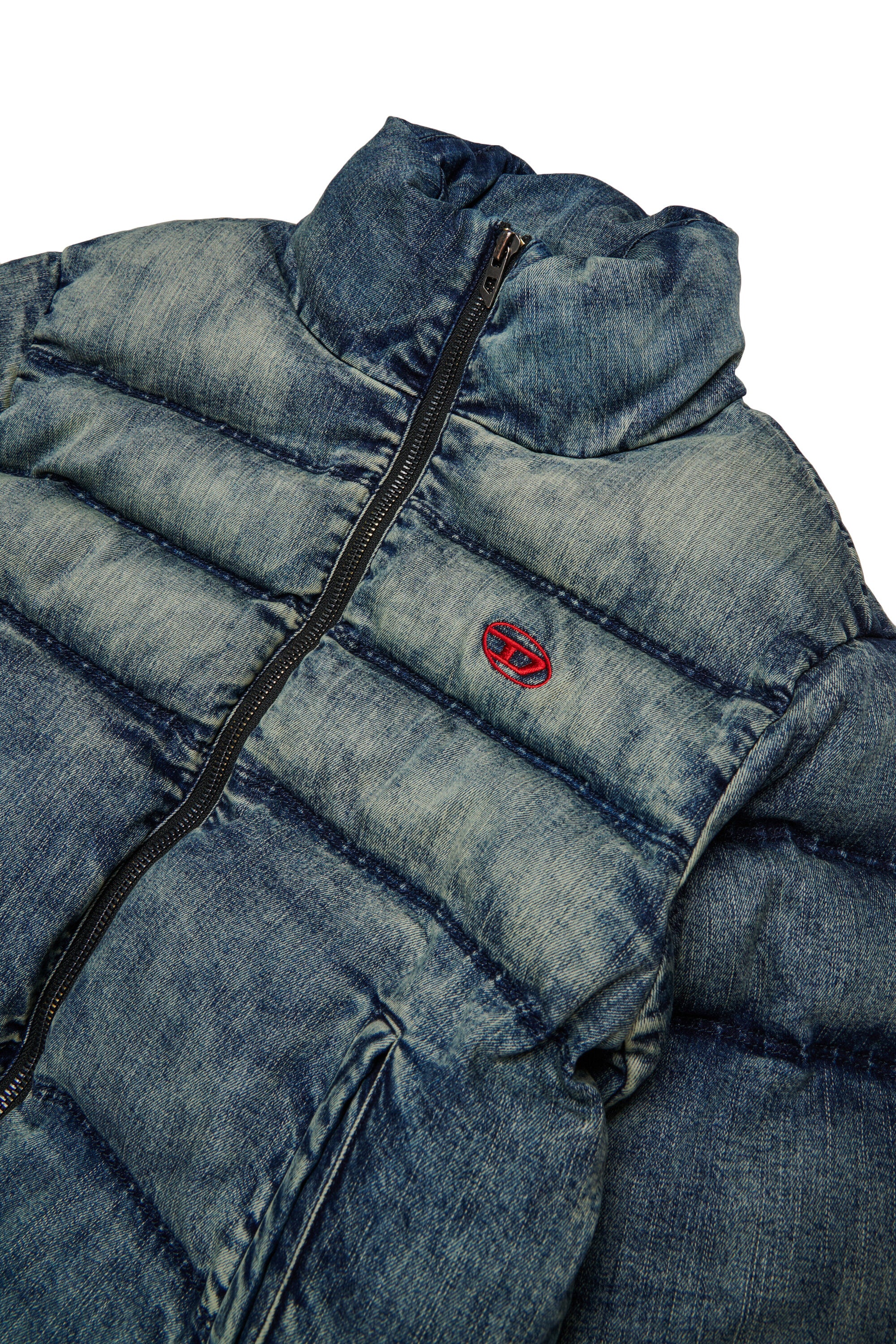 Short padded jacket in dirty effect denim