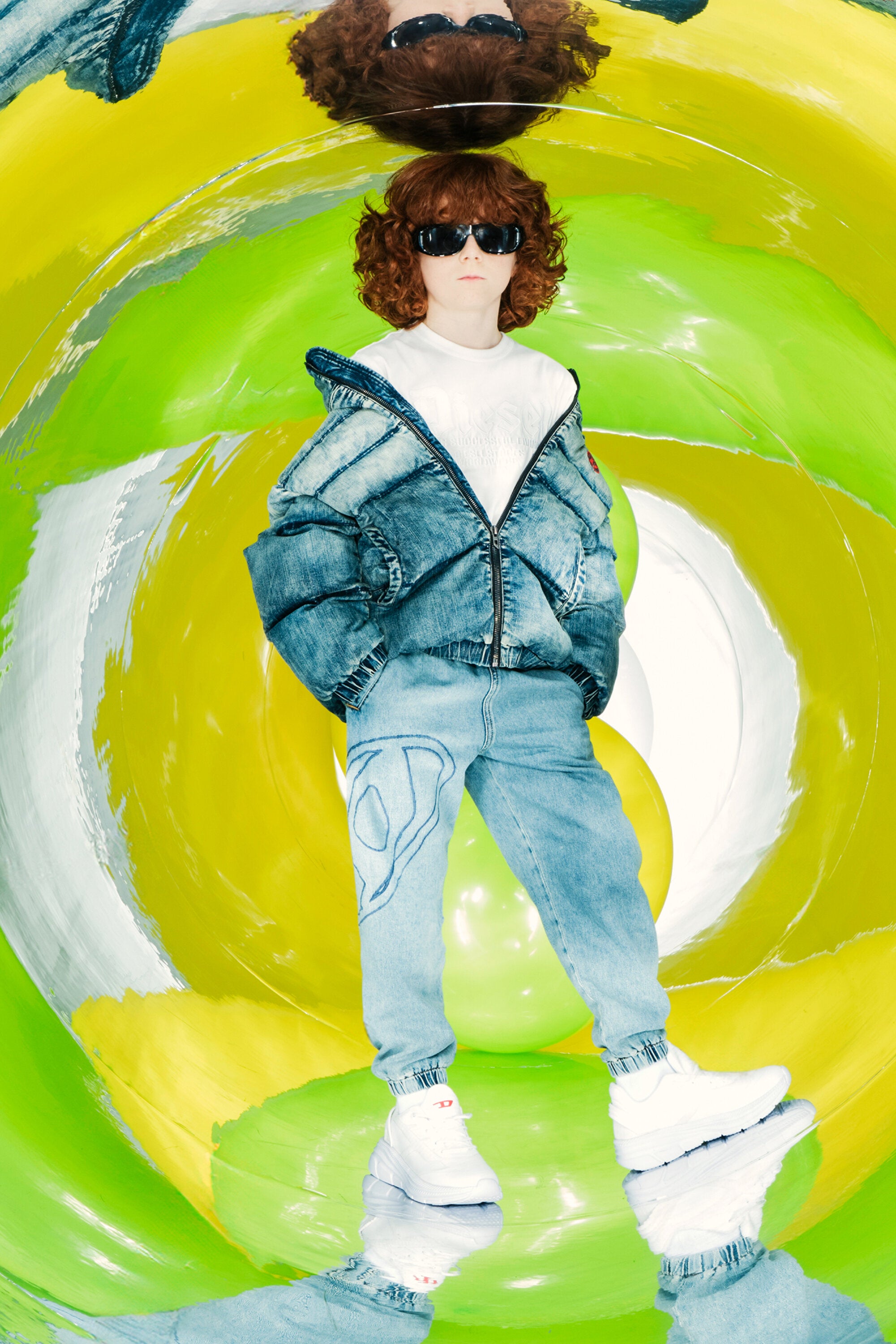 Short padded jacket in dirty effect denim