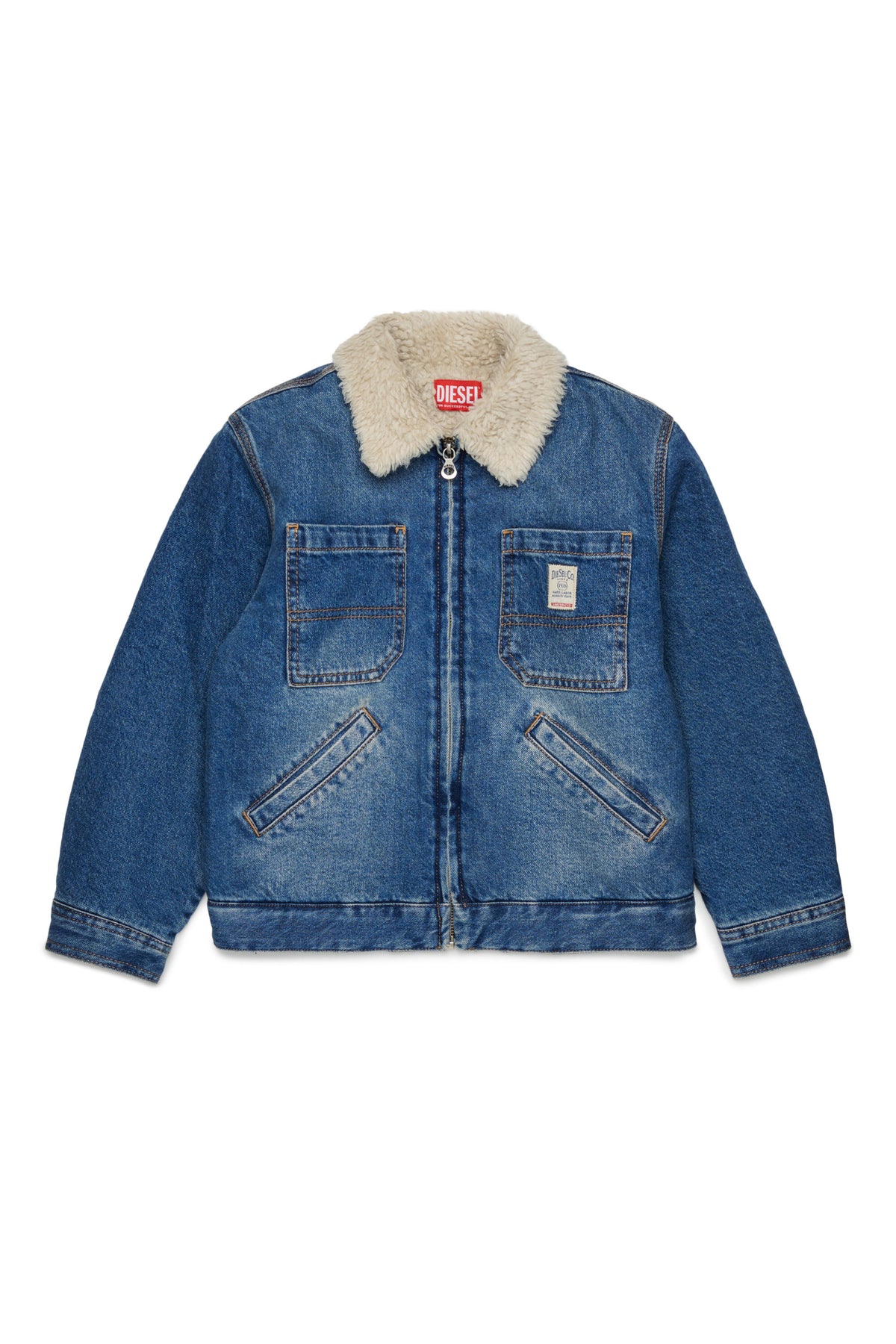 Denim jacket with shearling and printed logo