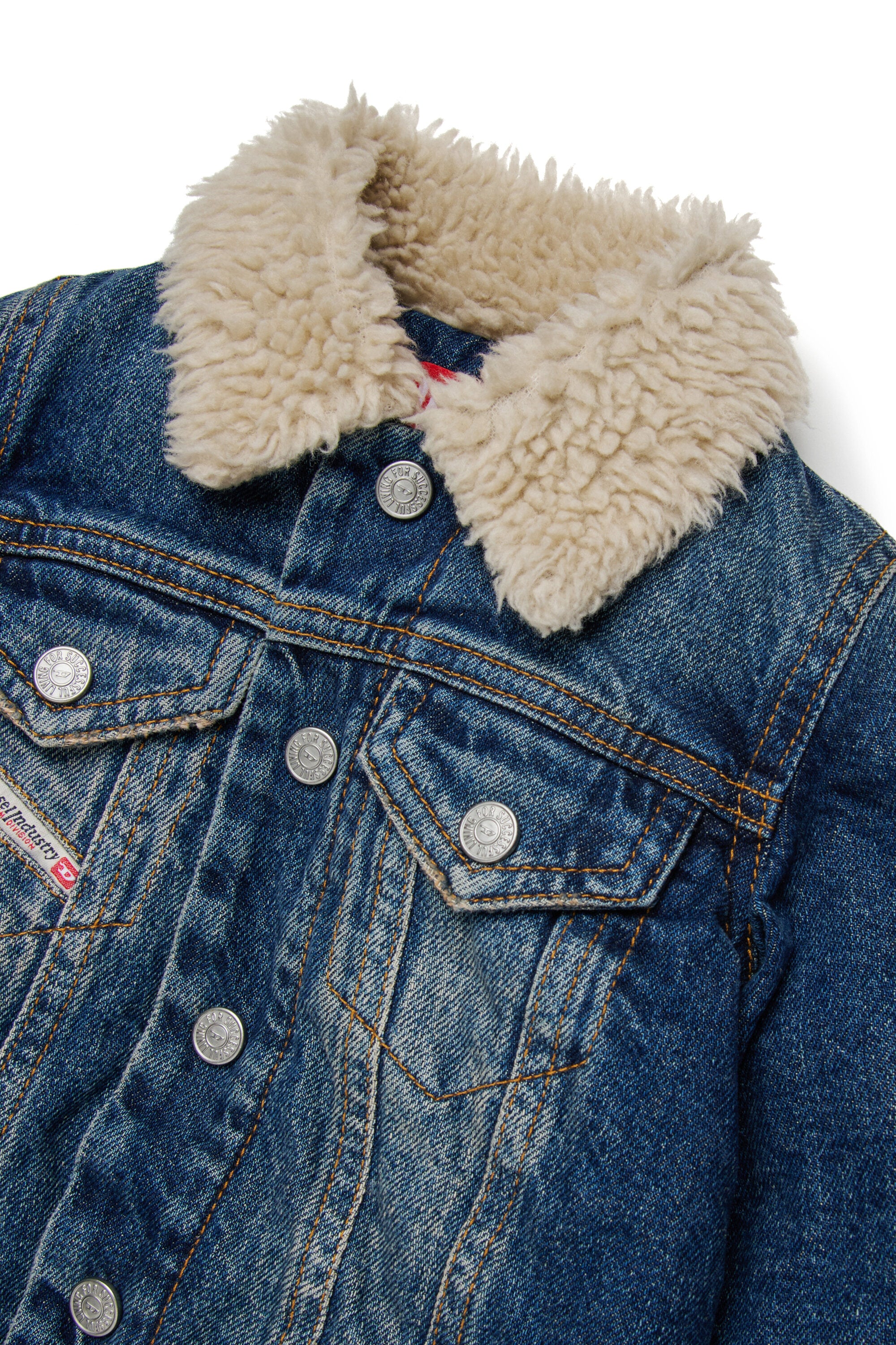 Dirty effect denim trucker jacket with teddy inner