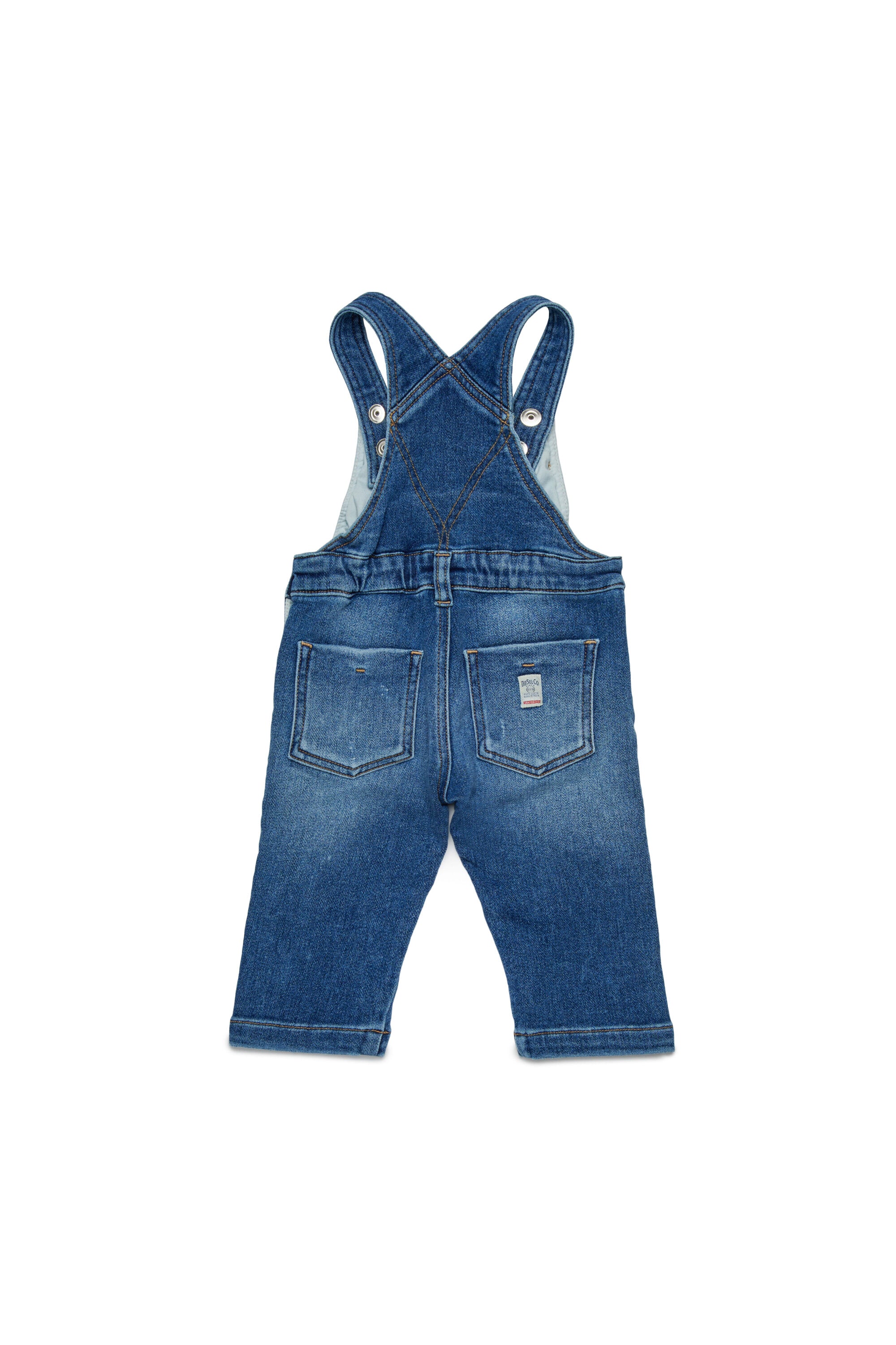 Medium blue JoggJeans® long overalls with abrasions