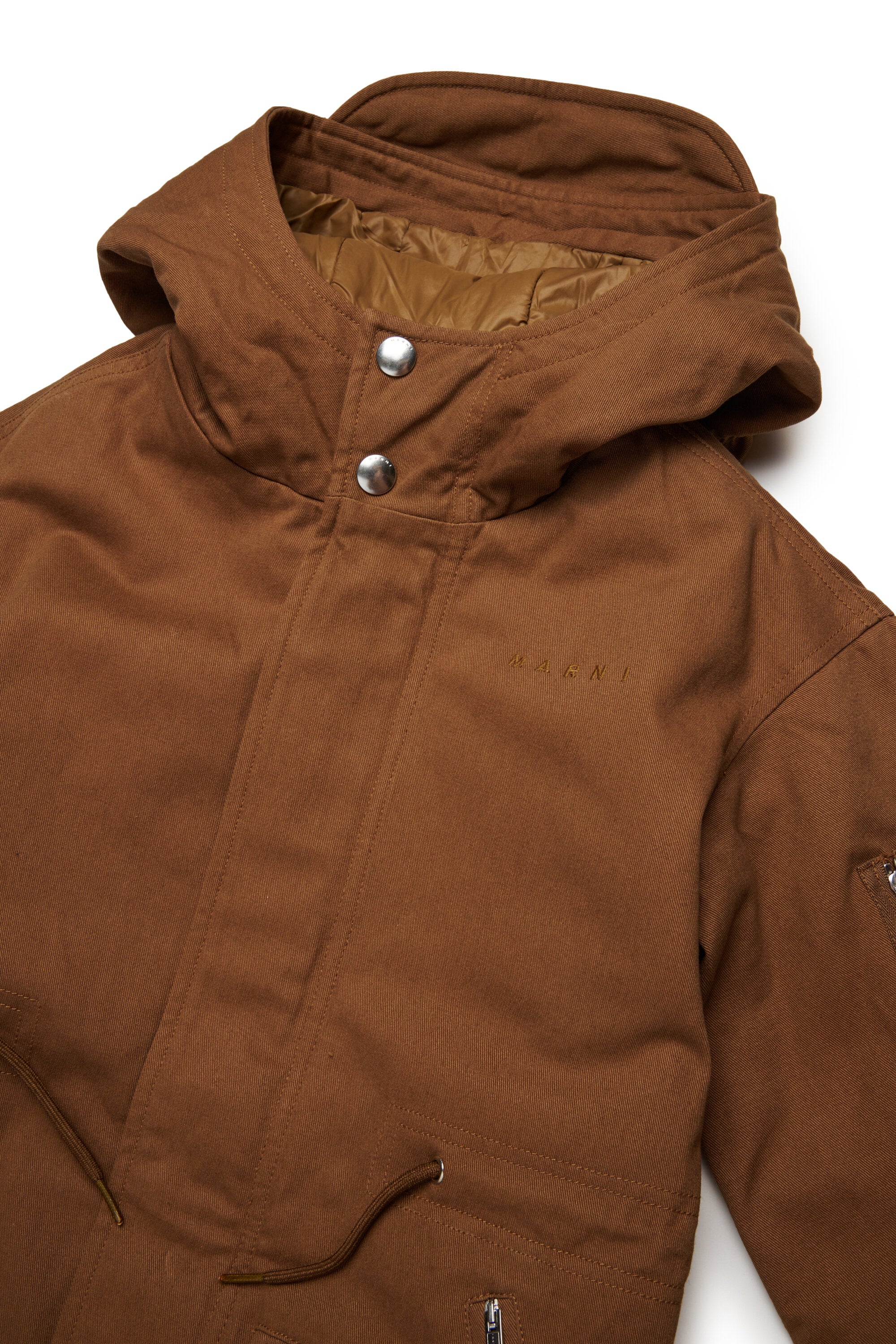 Hooded gabardine parka with drawstrings