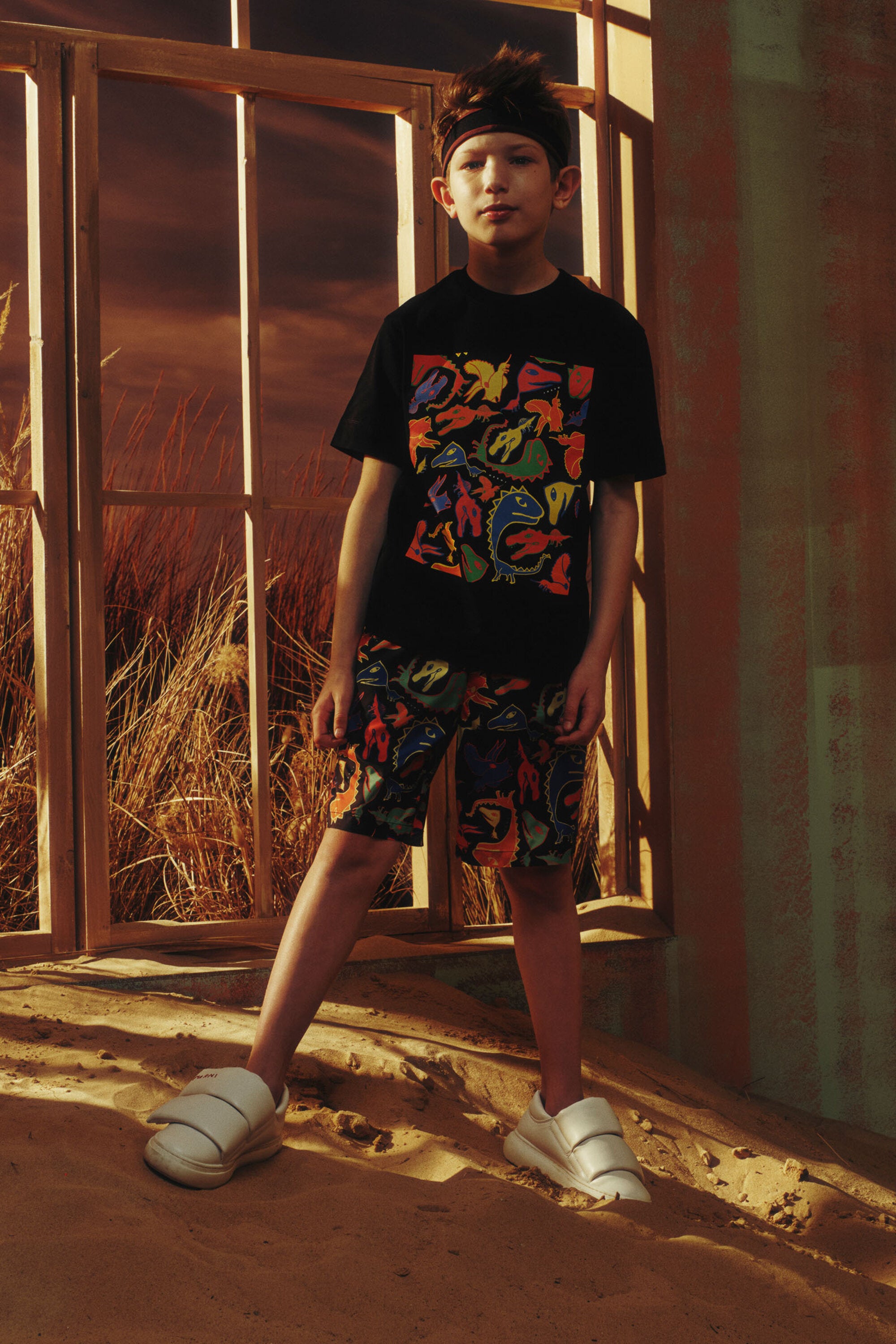 T-shirt with multicolor dinosaur print