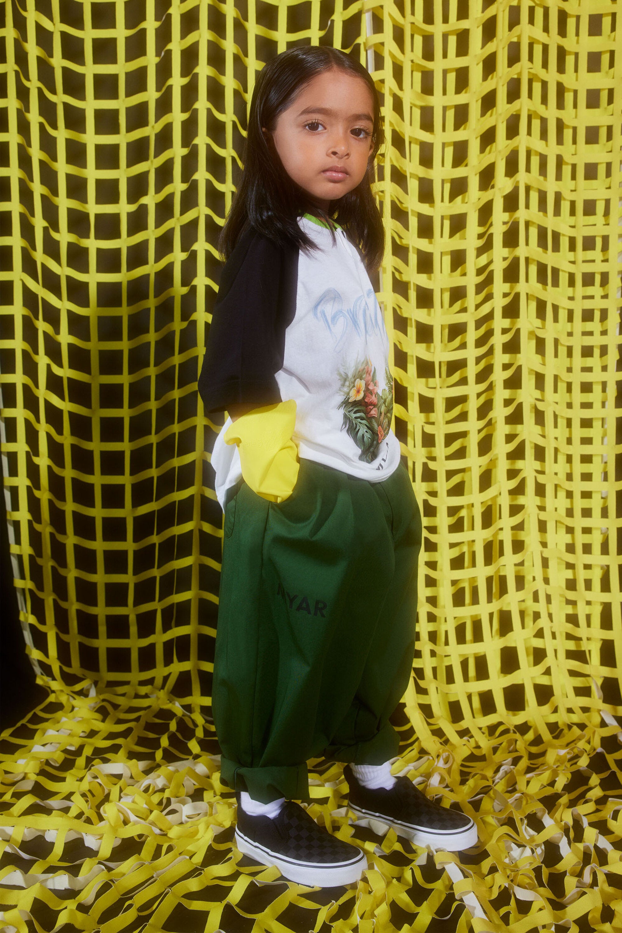 Trousers in deadstock fabric and MYAR logo