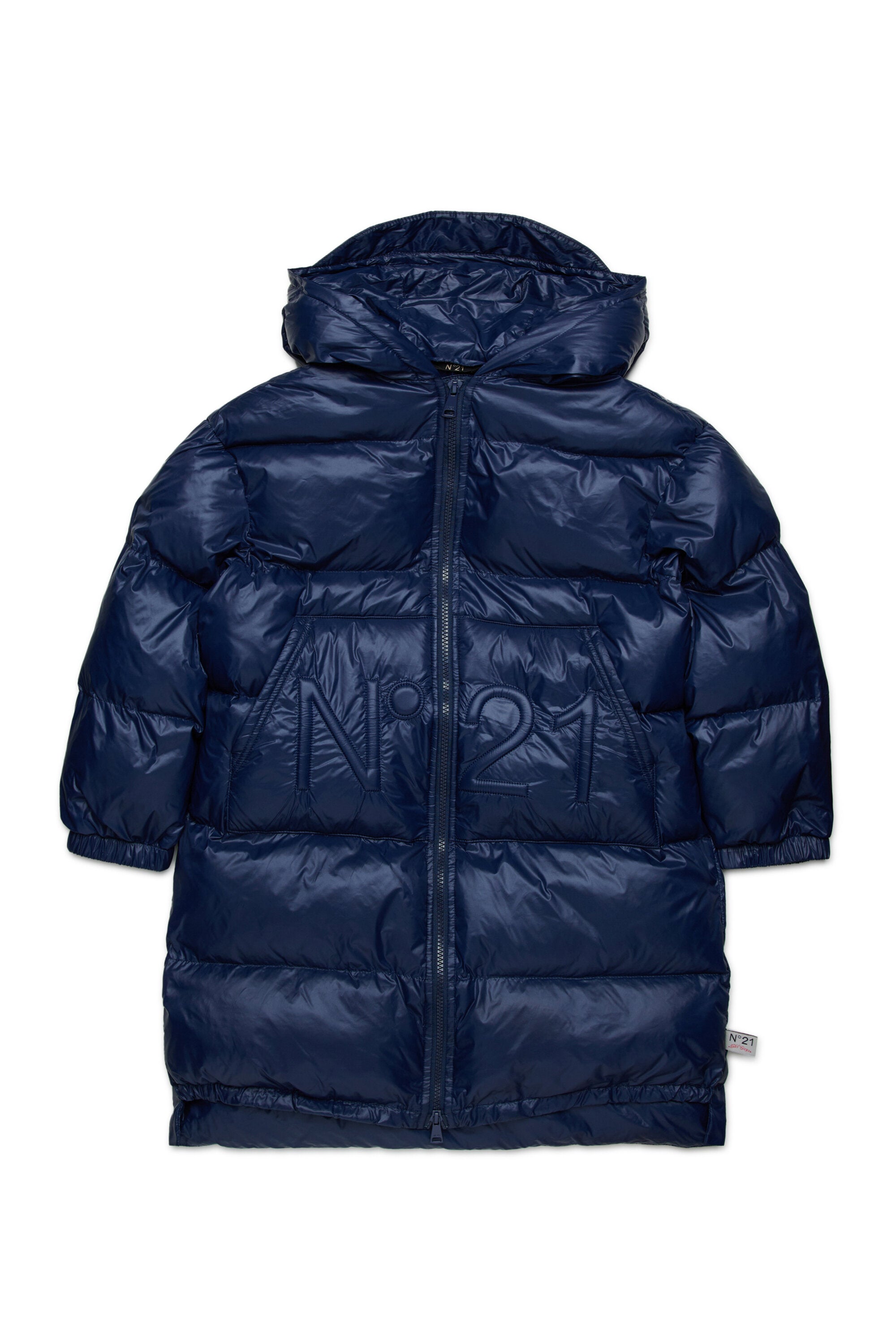 Long padded jacket with asymmetrical bottom