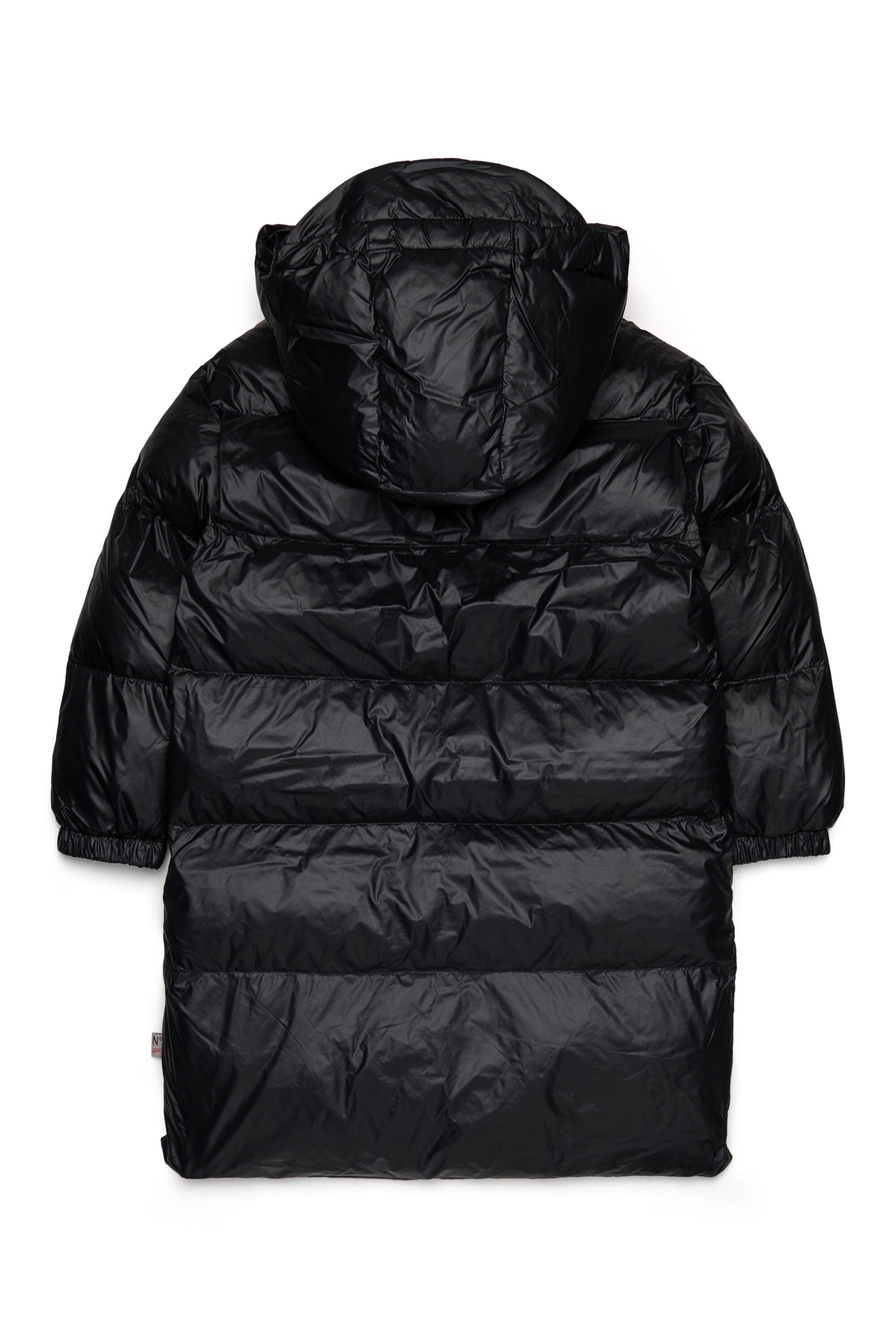 Long padded jacket with asymmetrical bottom