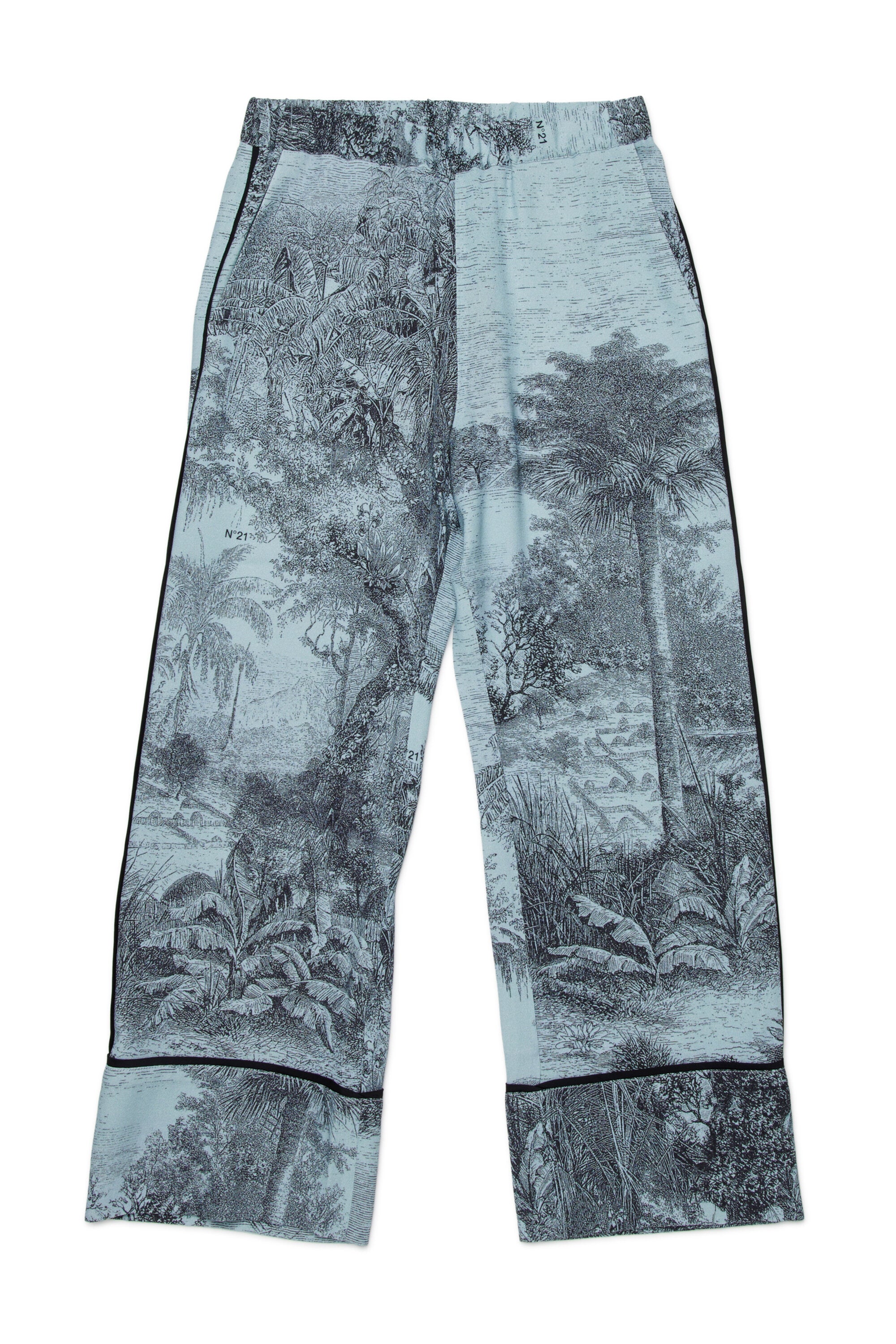 Trousers in fabric with printed pattern