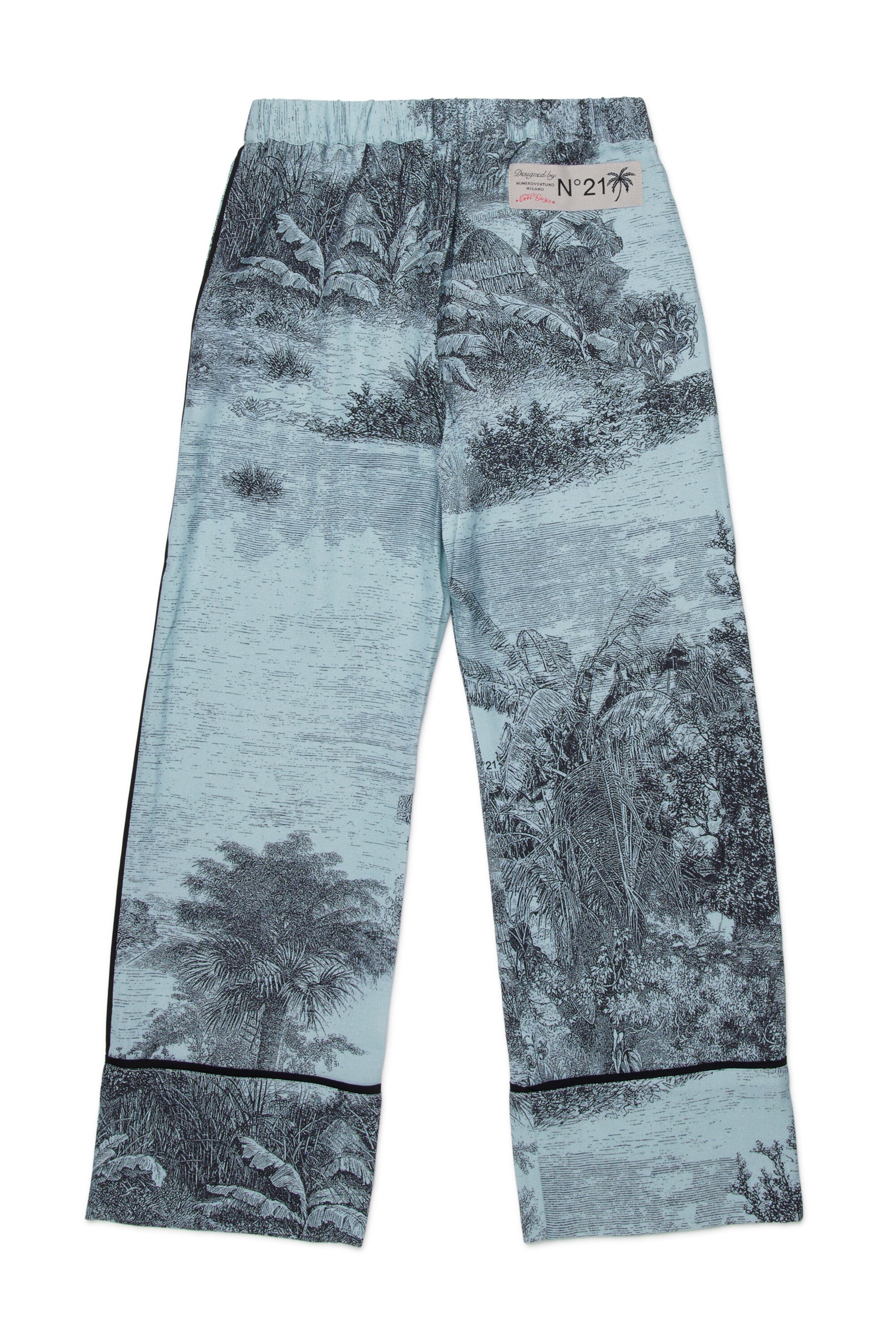 Trousers in fabric with printed pattern