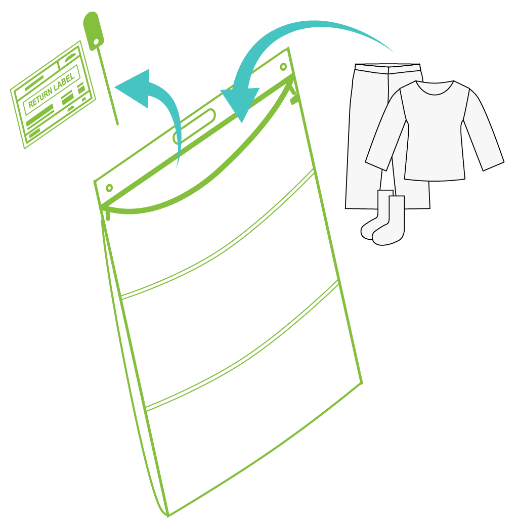 Illustration of a packaging with a return label and a lace pulled out and clothes inserted inside the pack