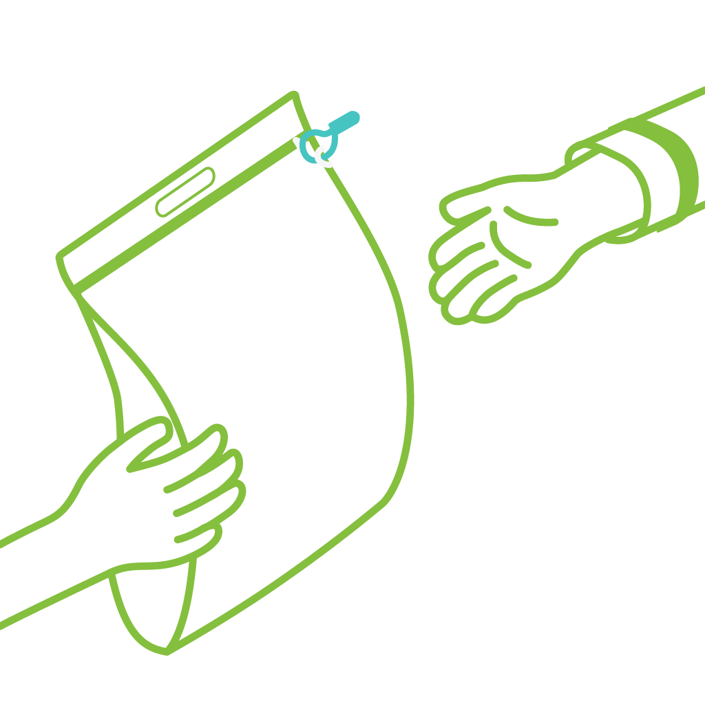 Outline of a handshake between two hands, one holding a package