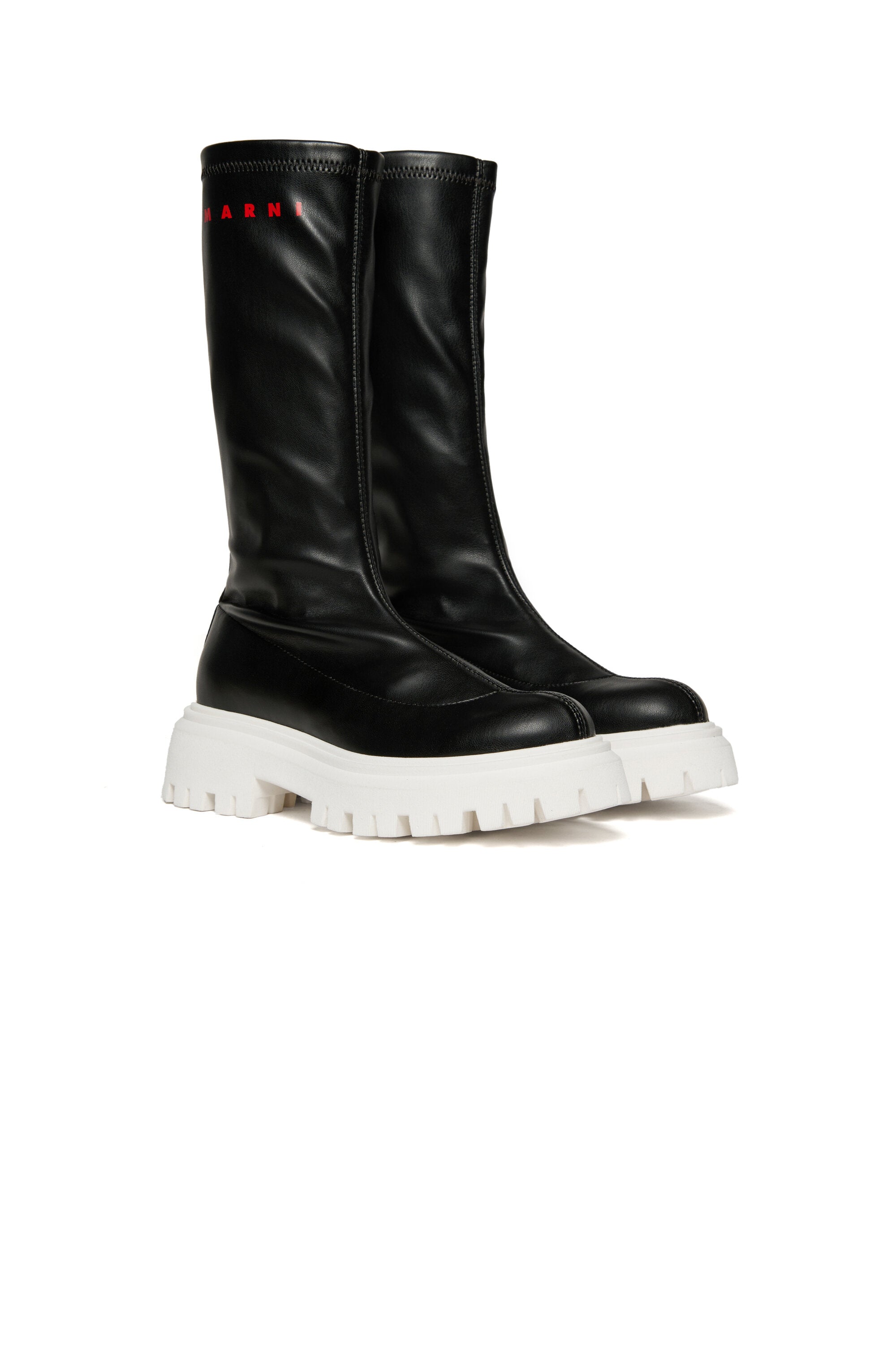 Branded long faux leather boots