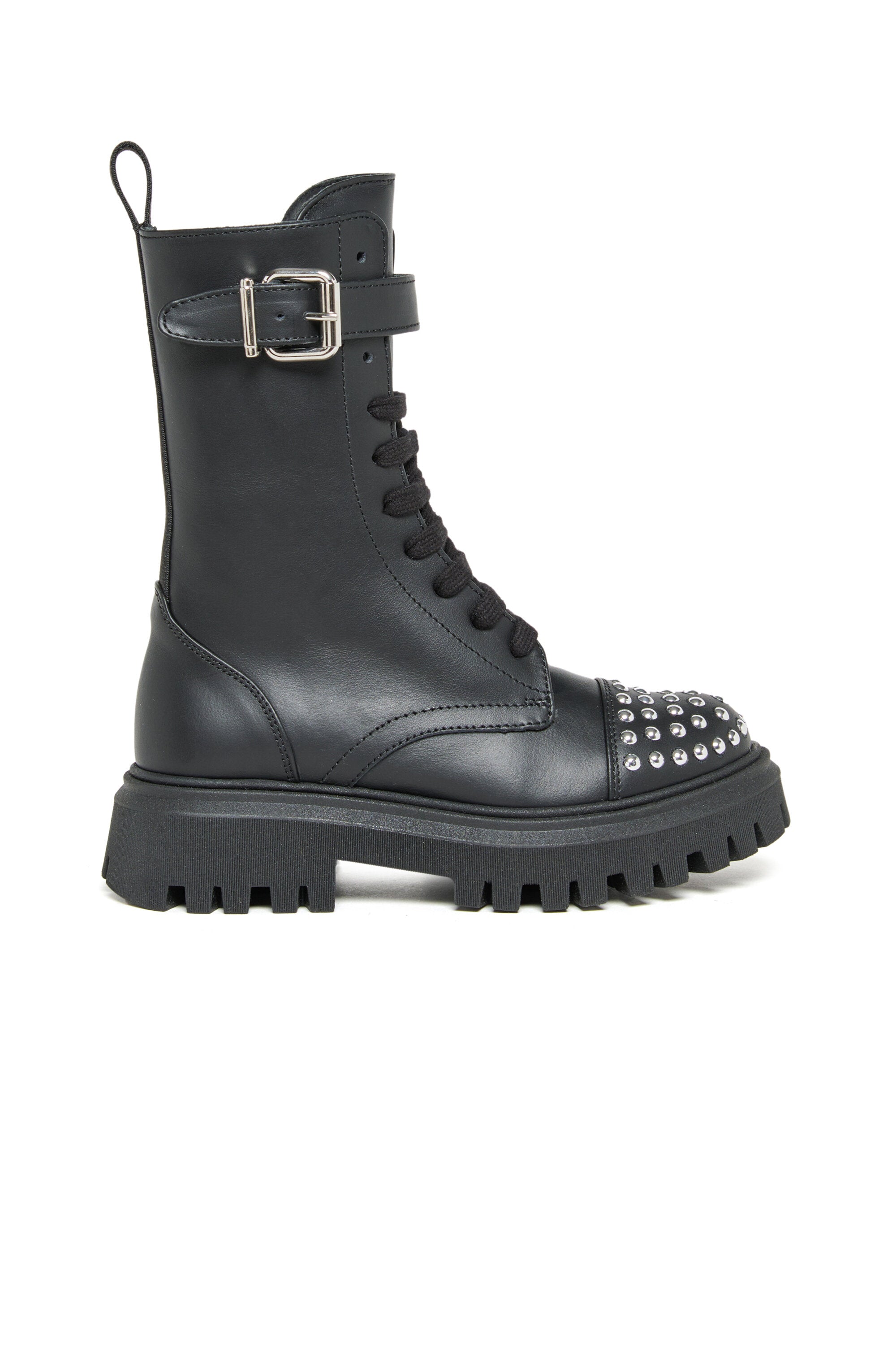Combat boots with studs on the toe