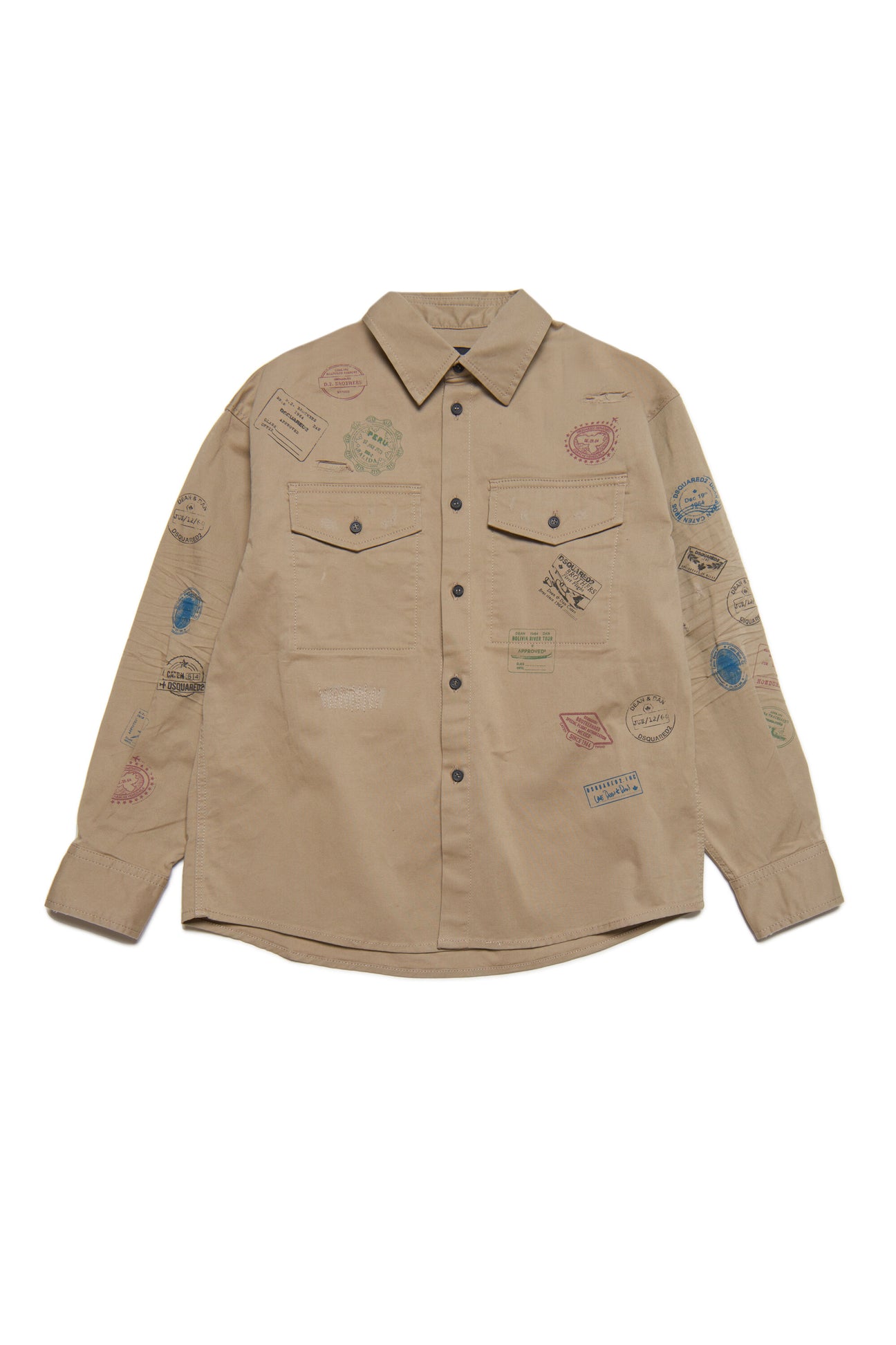 Gabardine shirt with tears and stamps 