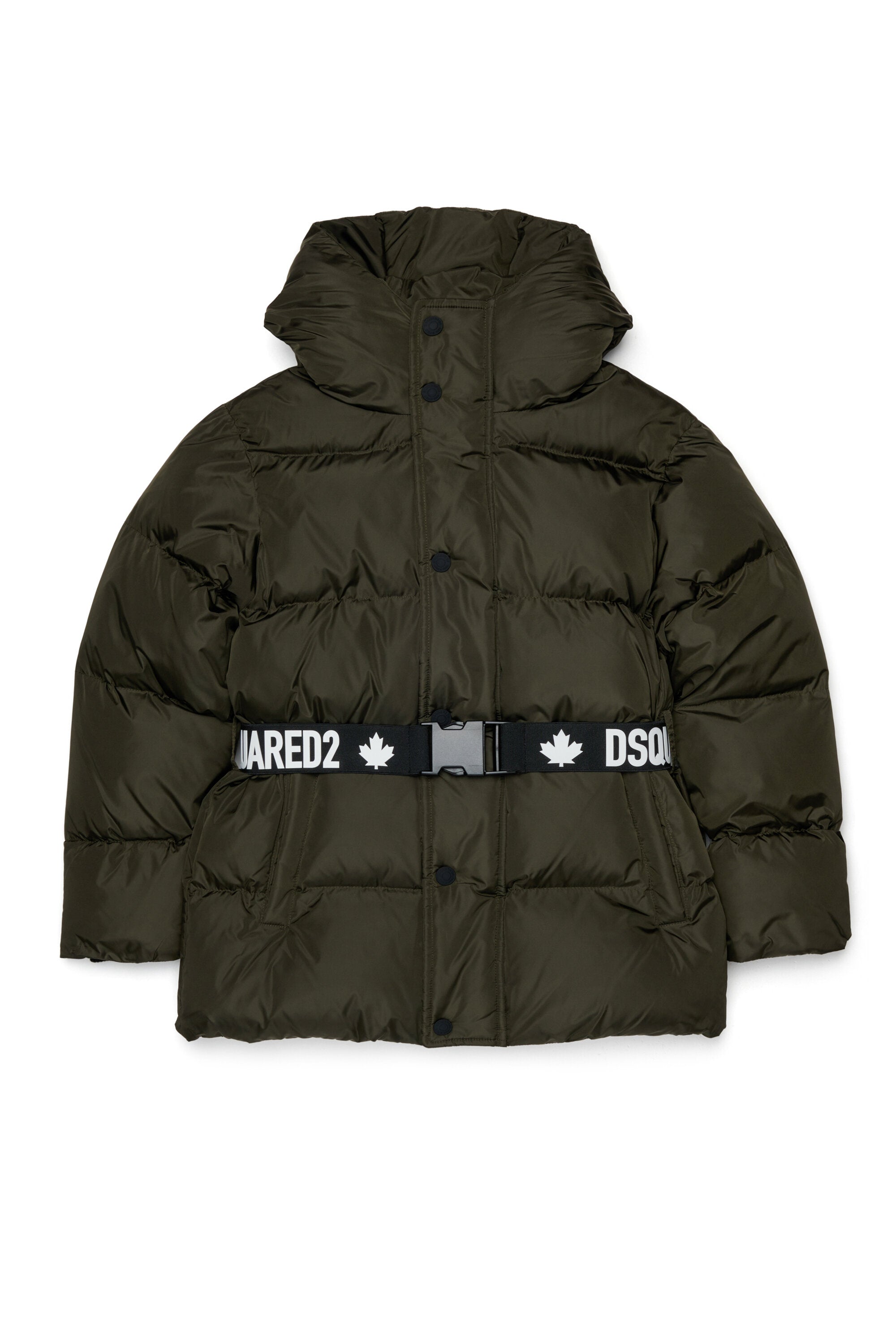 Long padded jacket with branded belt