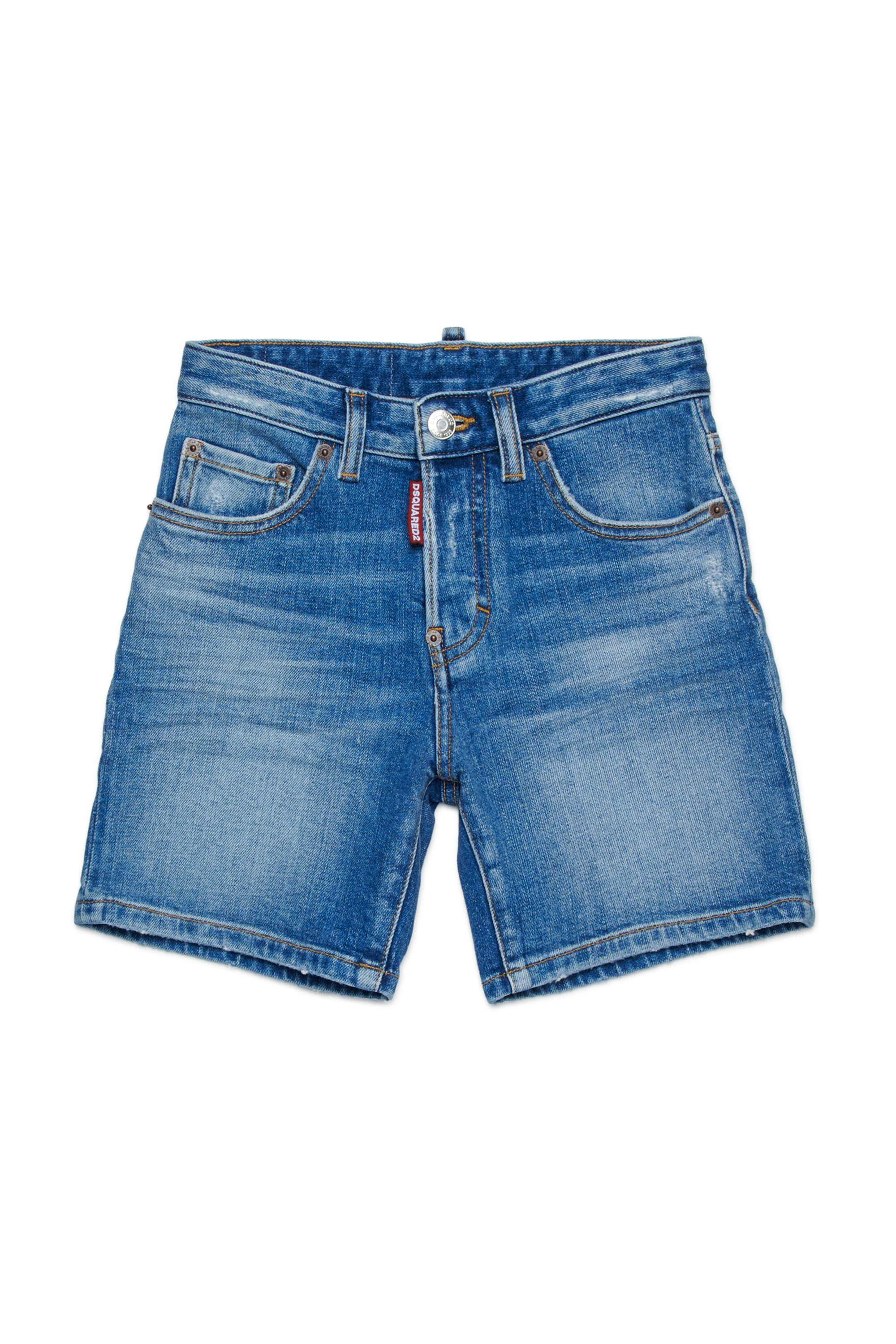 Medium blue denim shorts with abrasions