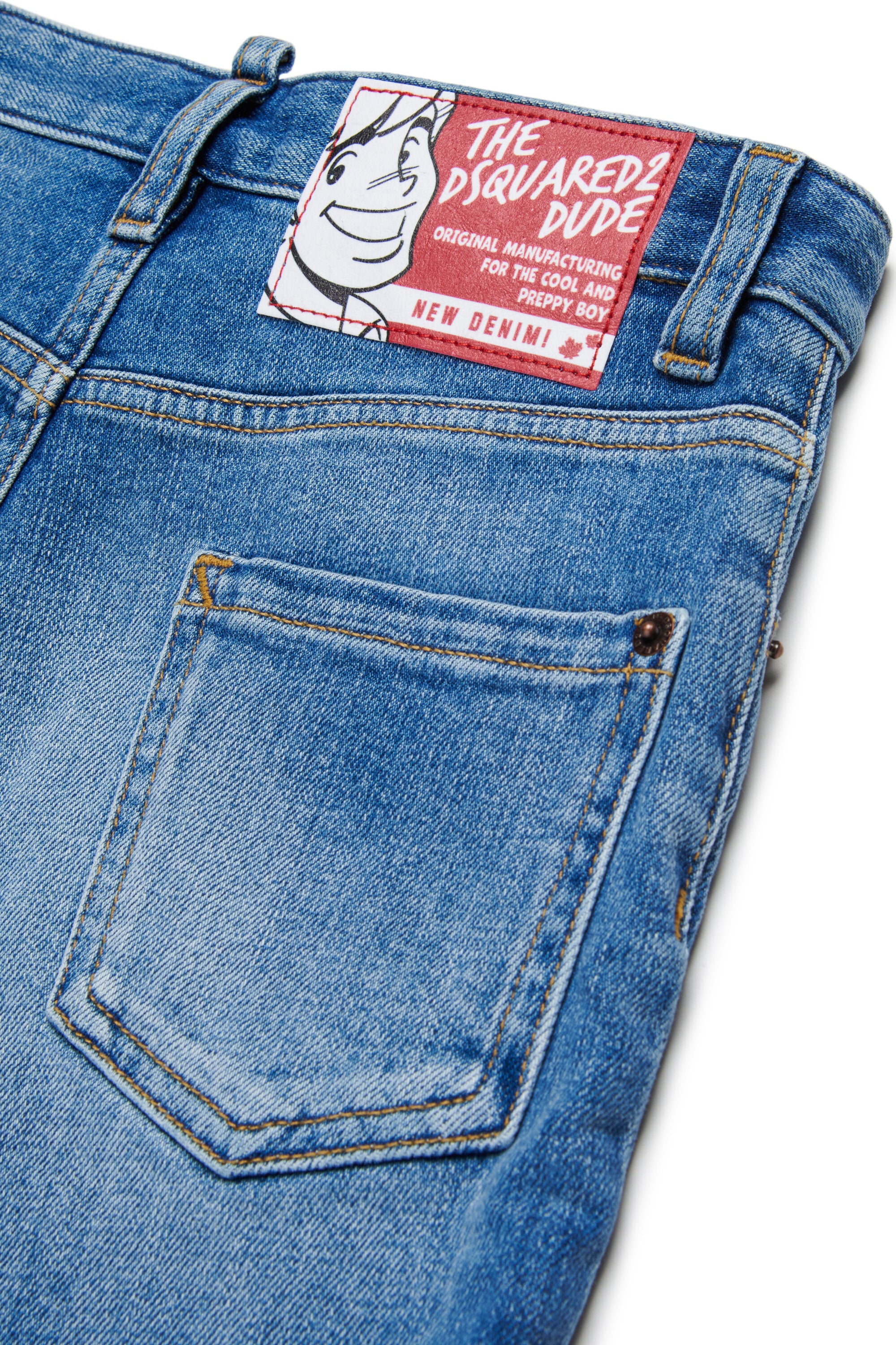 Medium blue denim shorts with abrasions