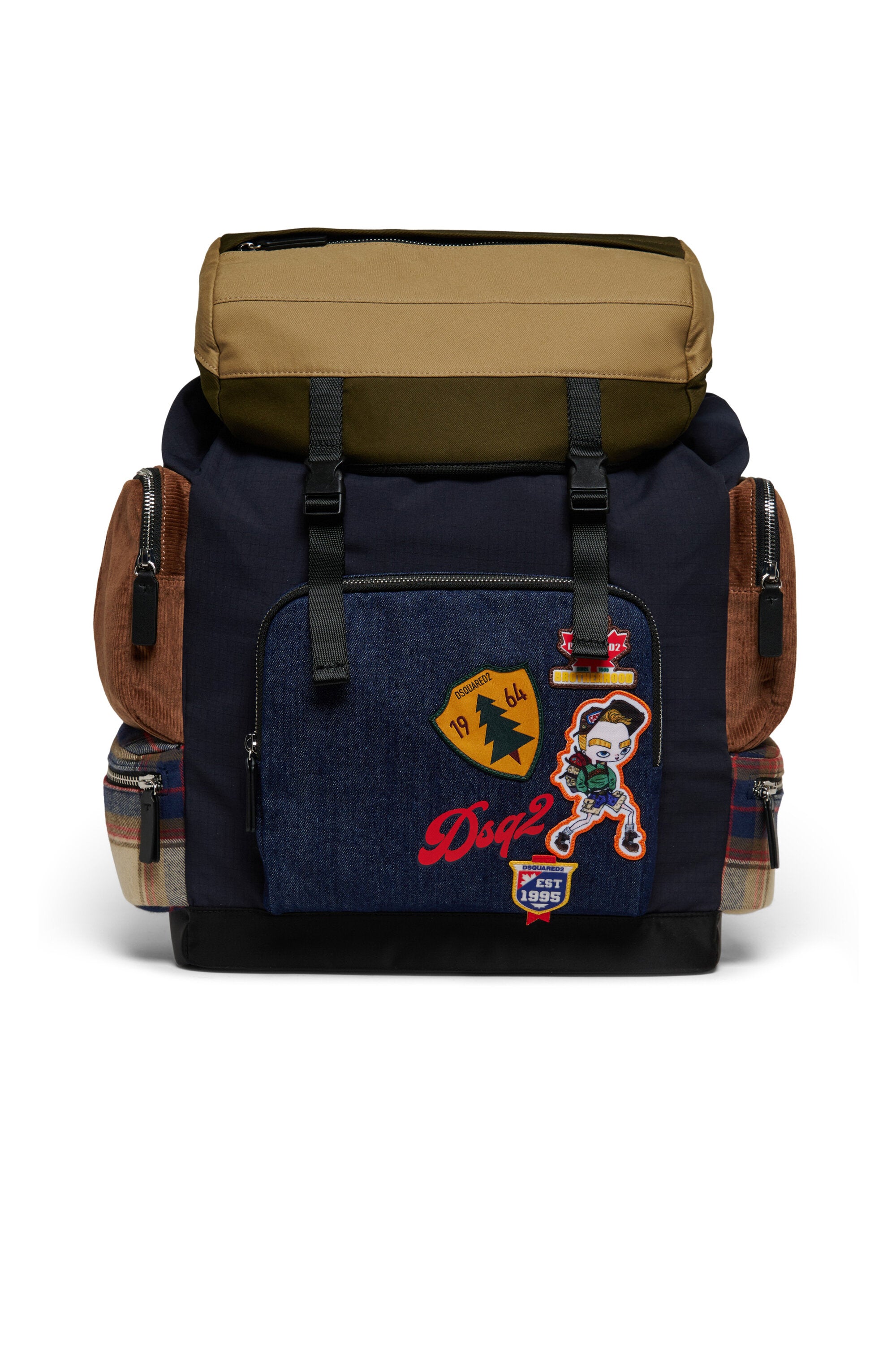 Backpack with decorative patches and multiple pockets