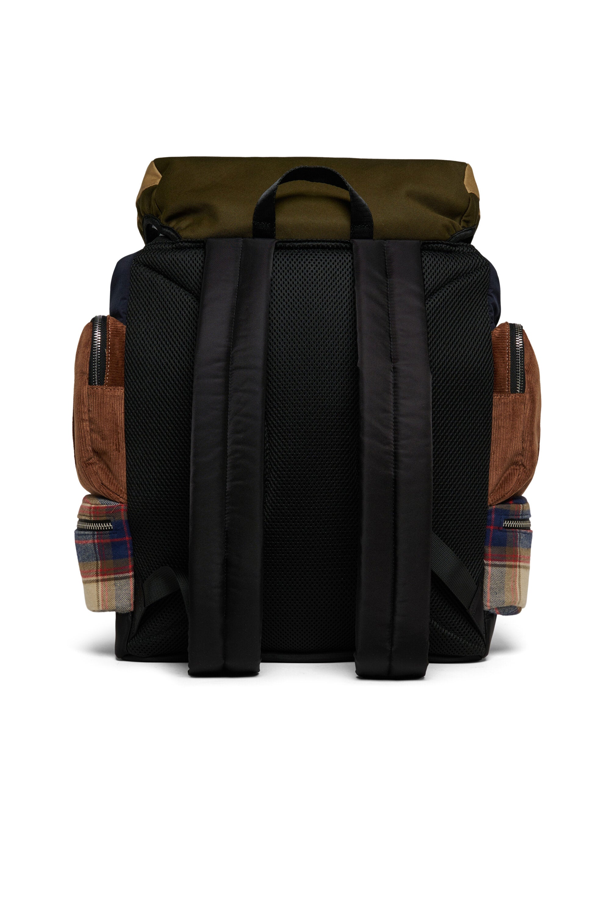 Backpack with decorative patches and multiple pockets