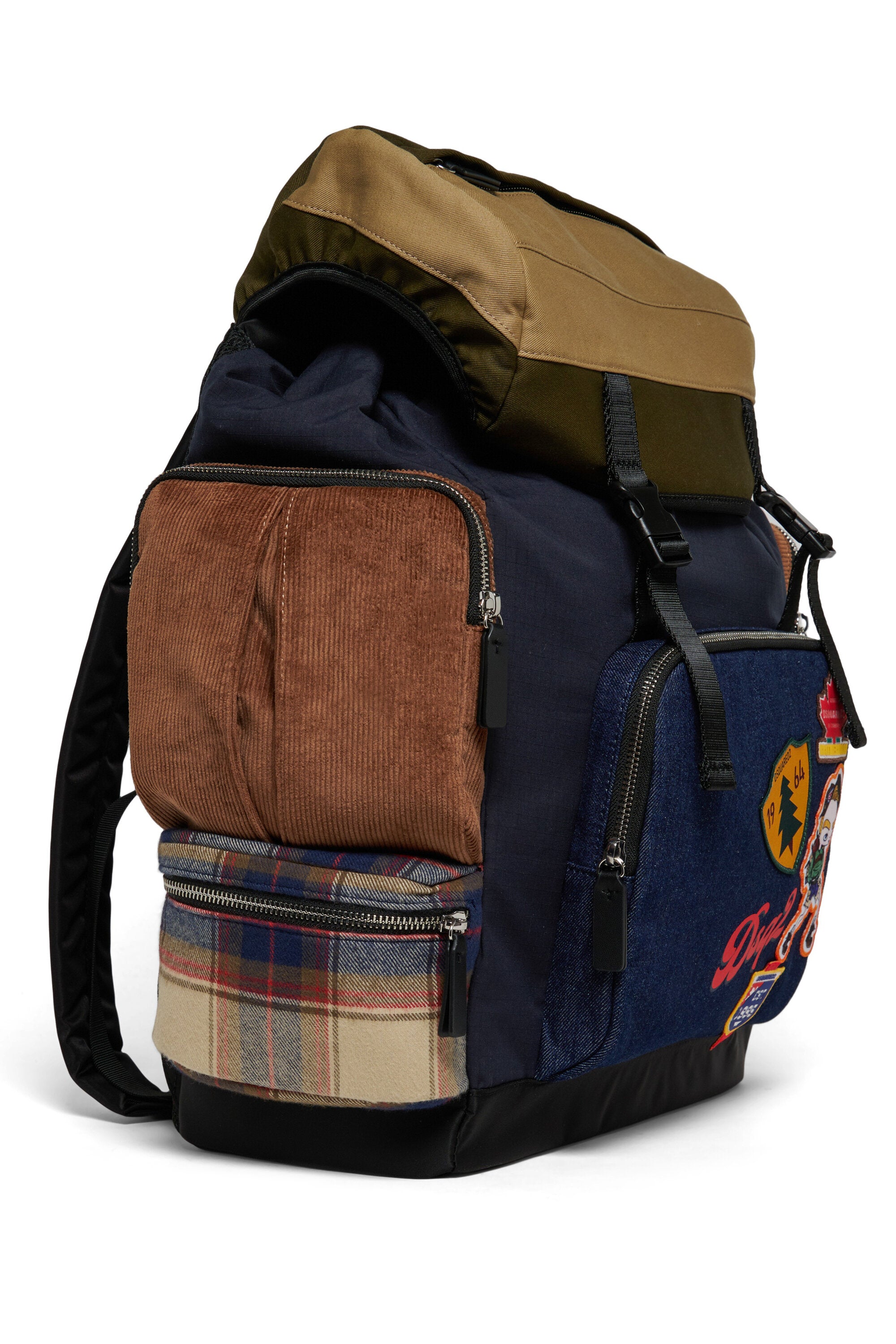 Backpack with decorative patches and multiple pockets