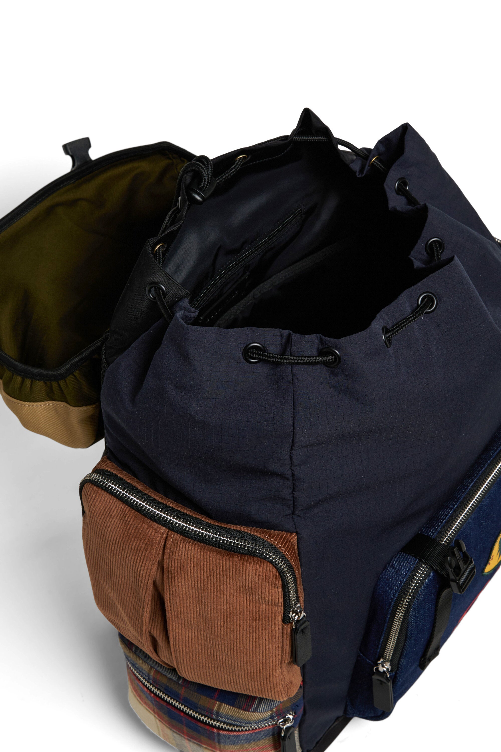 Backpack with decorative patches and multiple pockets