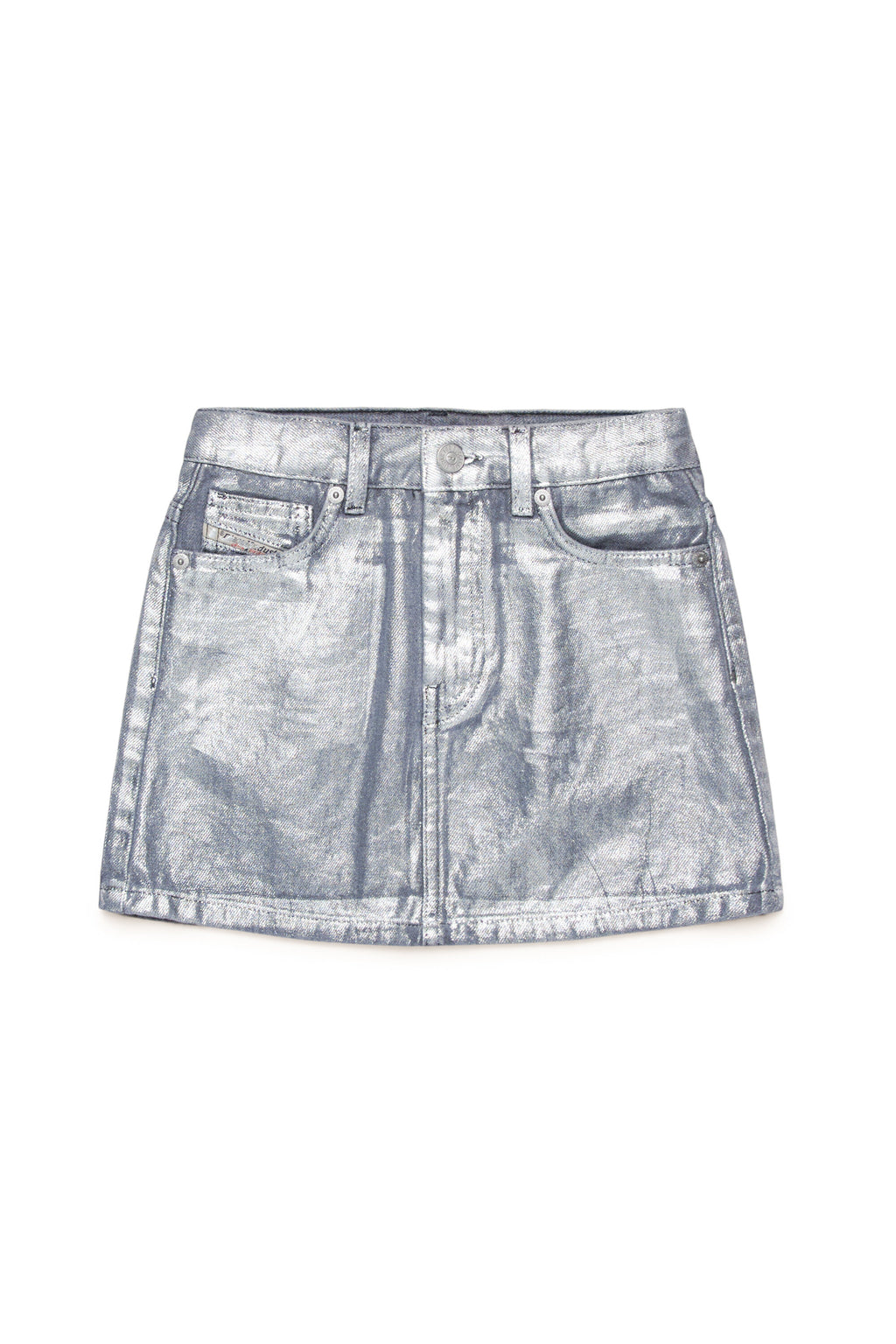 Silver mylar denim skirt