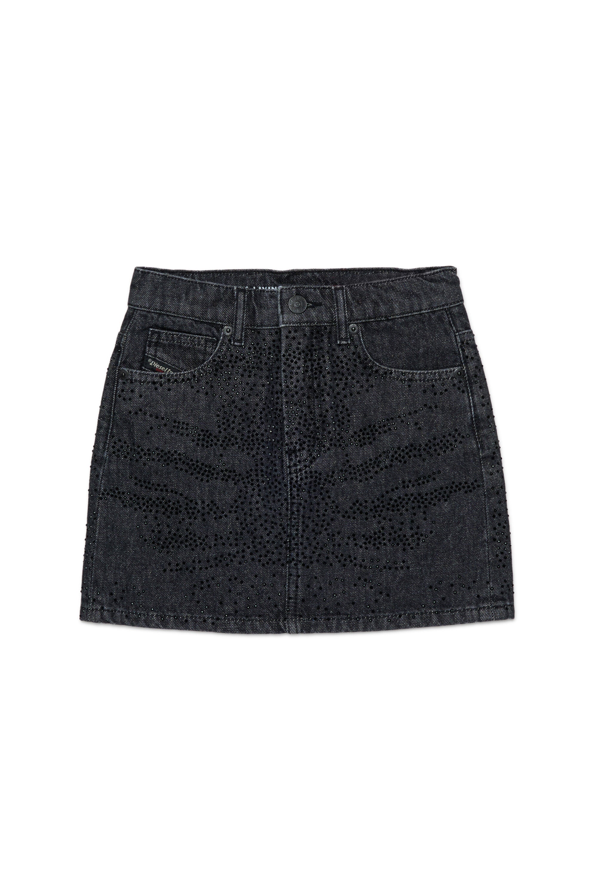 Black denim mini skirt with hotfix