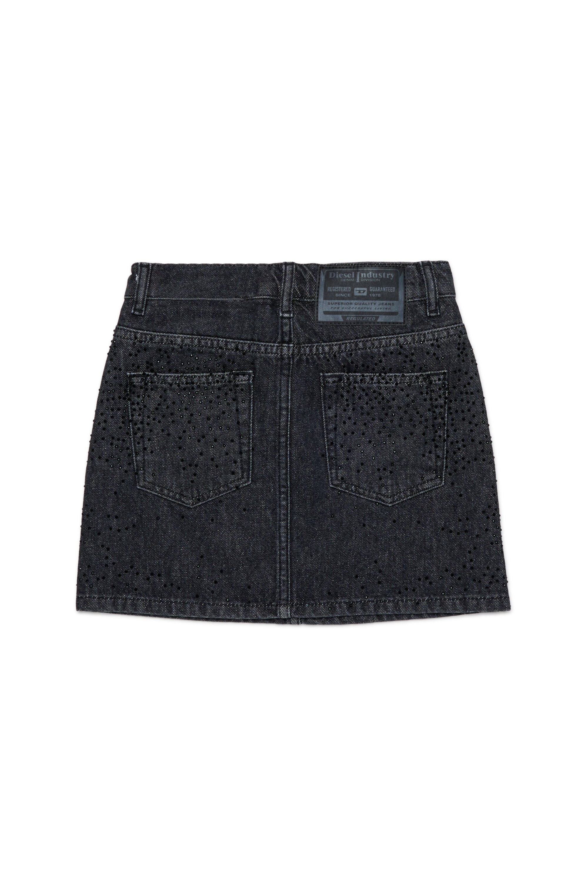Black denim mini skirt with hotfix