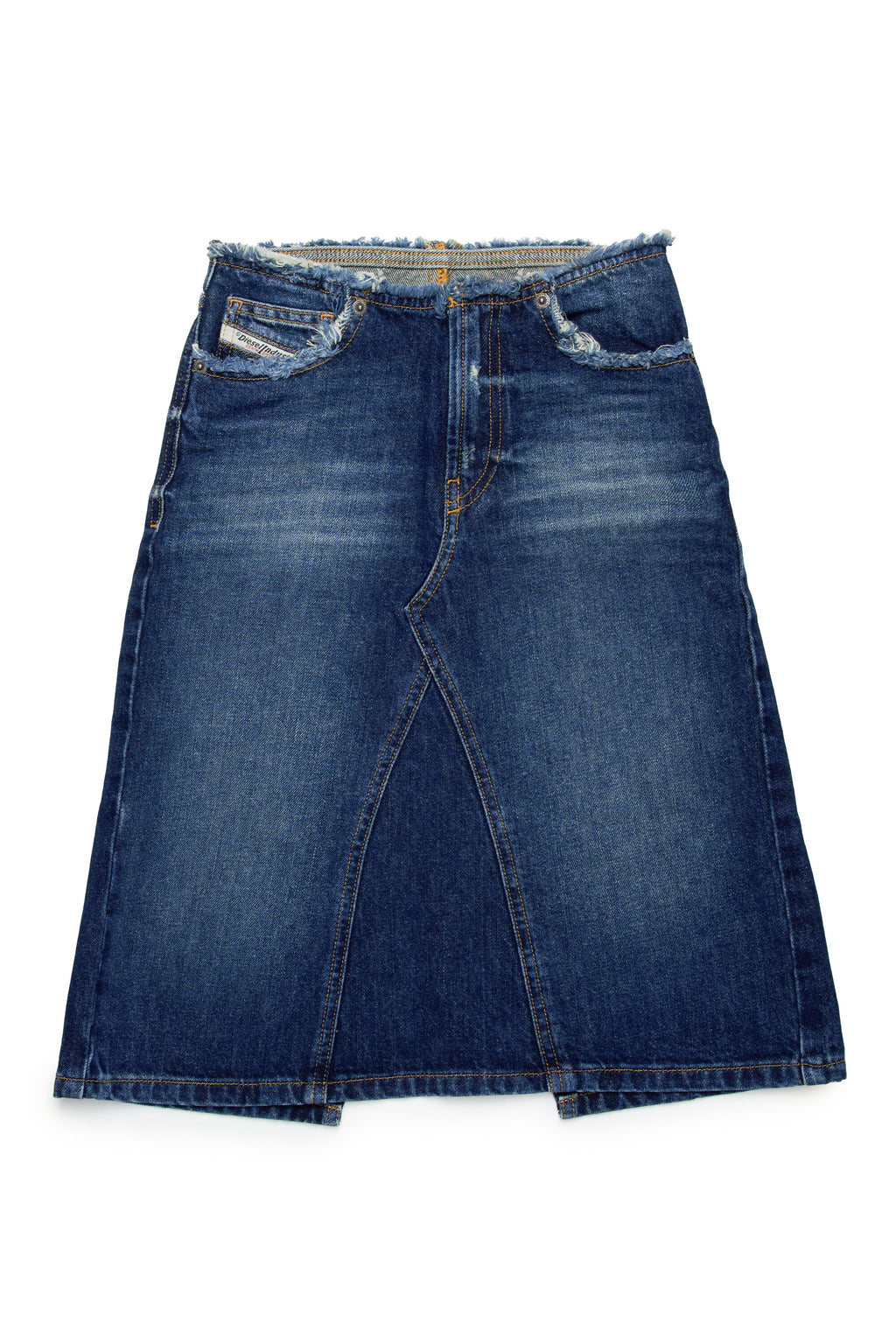 Denim skirt with raw edge detailing