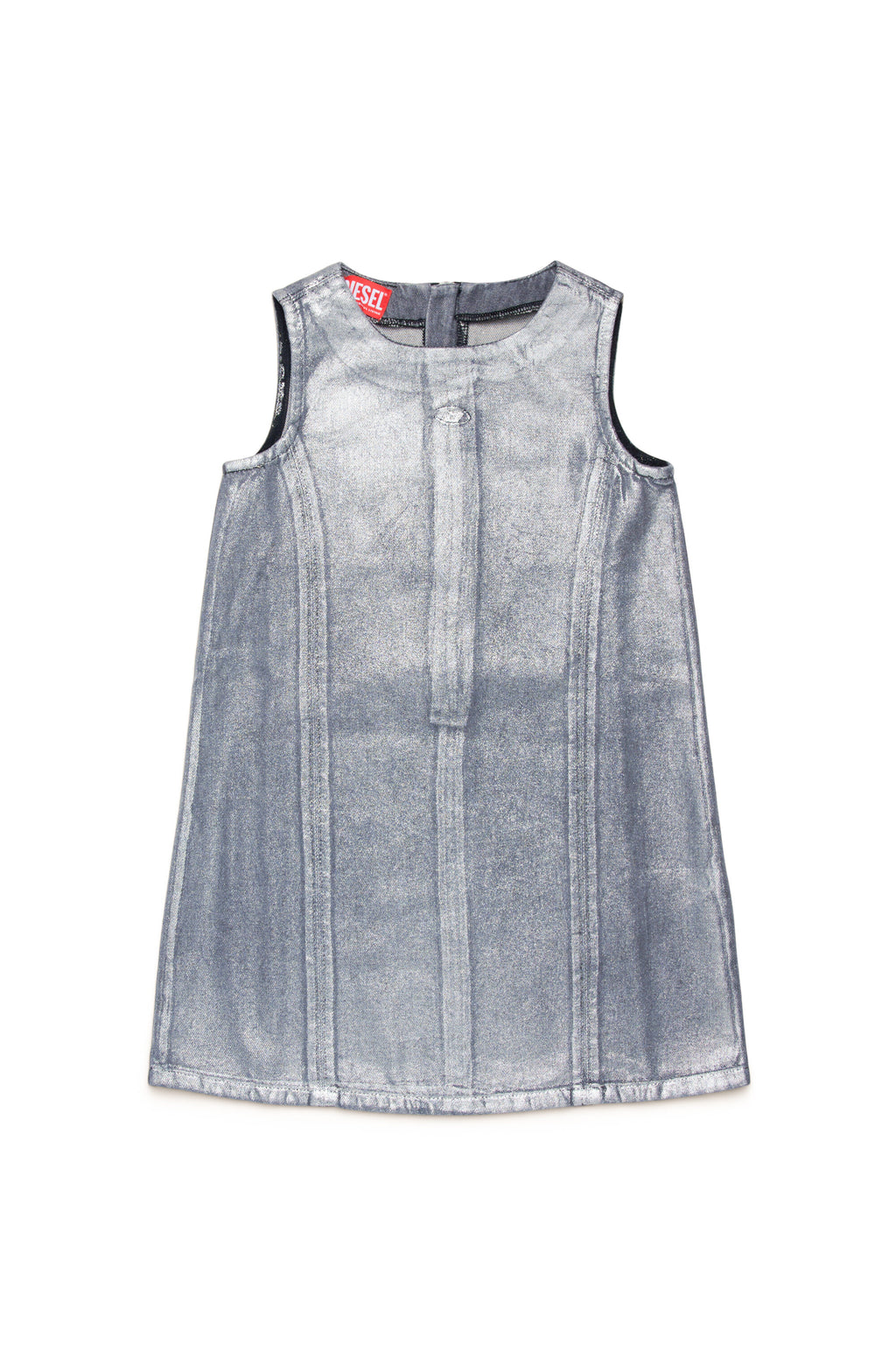 Sleeveless denim dress with all-over silver mylar