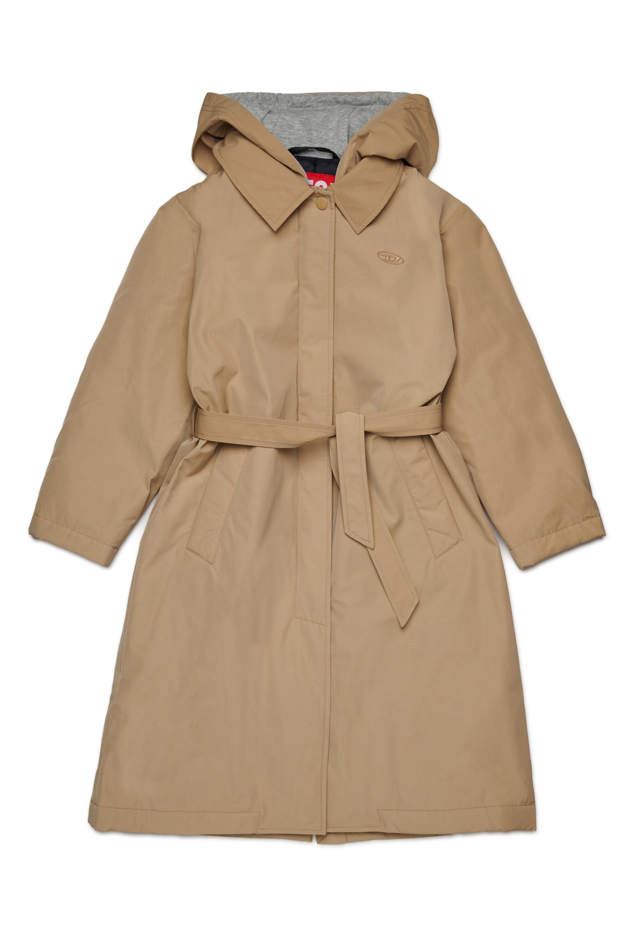 Long trench coat with hooded fleece trim
