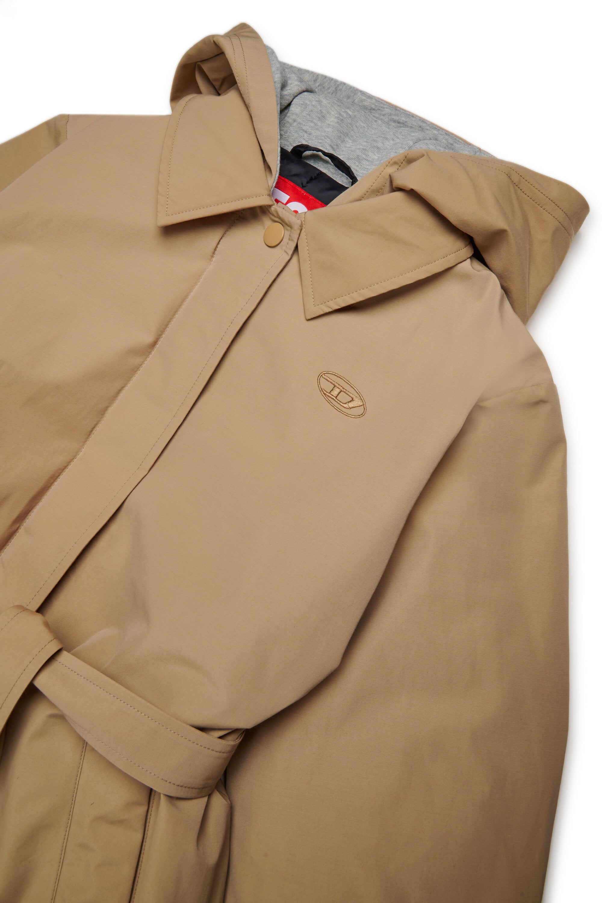 Long trench coat with hooded fleece trim