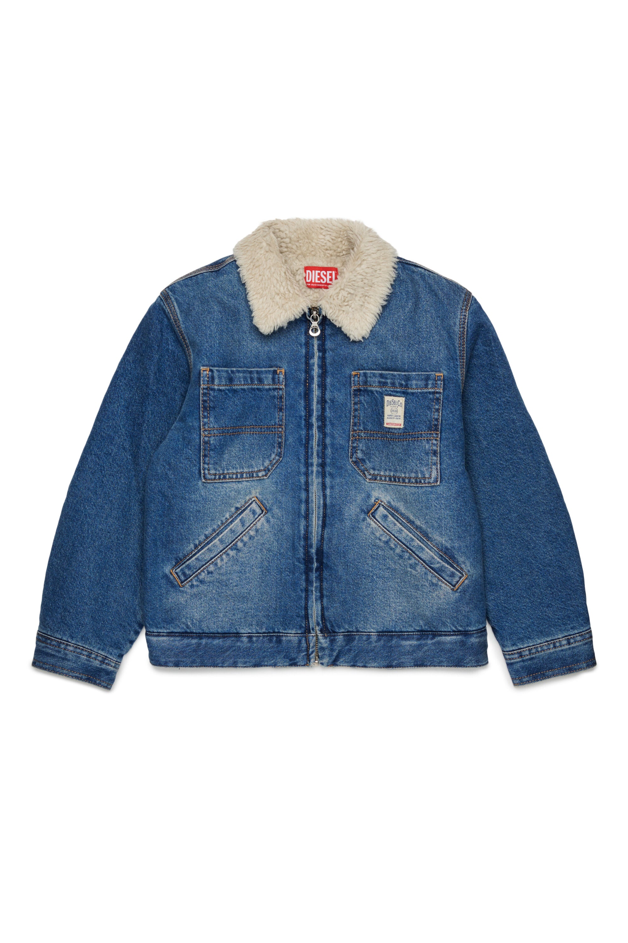 Denim jacket with shearling and printed logo