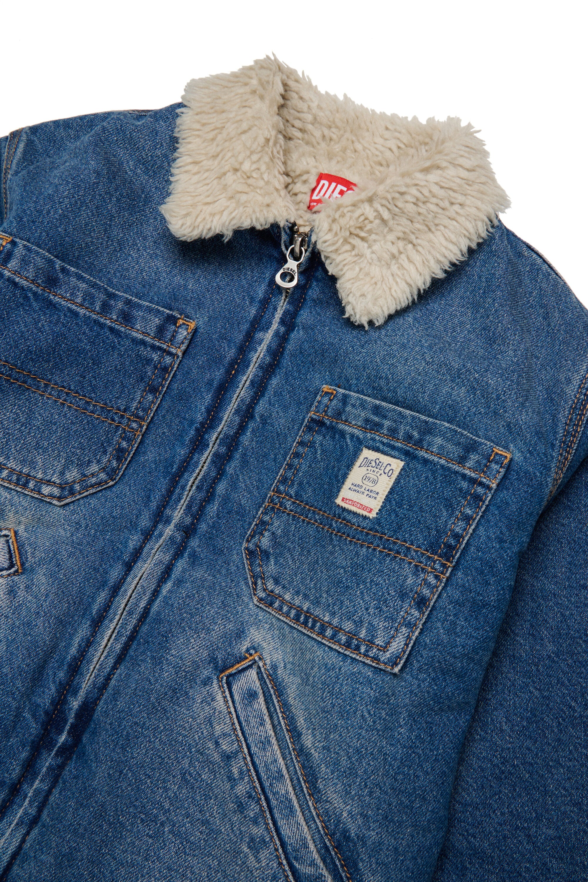 Denim jacket with shearling and printed logo