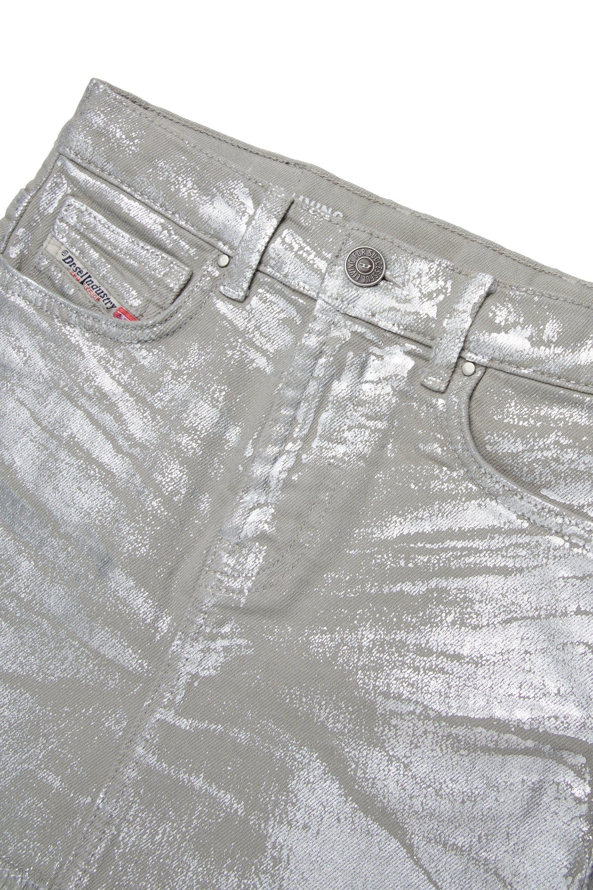 Laminated mini skirt with a fringed effect