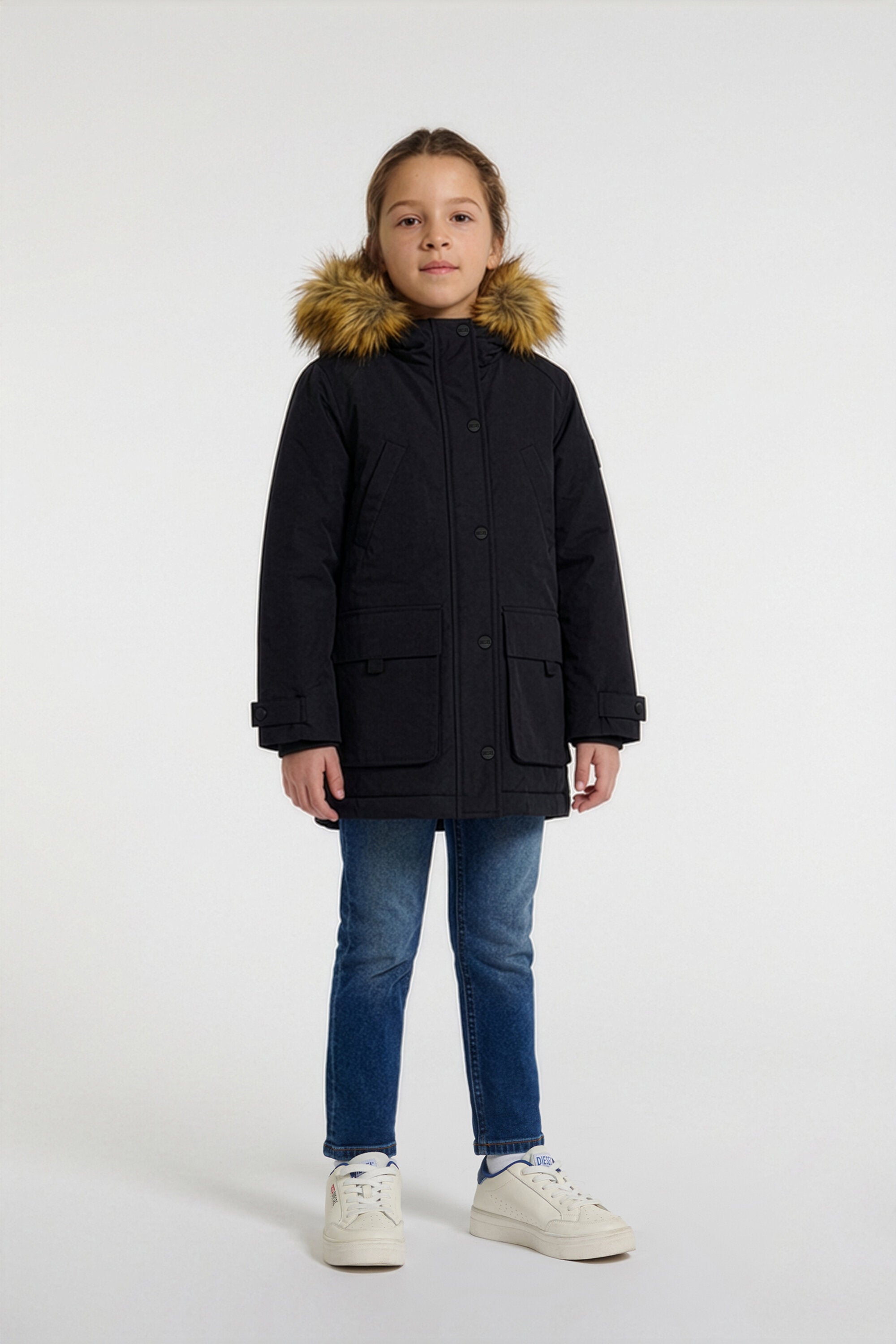 Padded jacket with faux fur hood and pockets