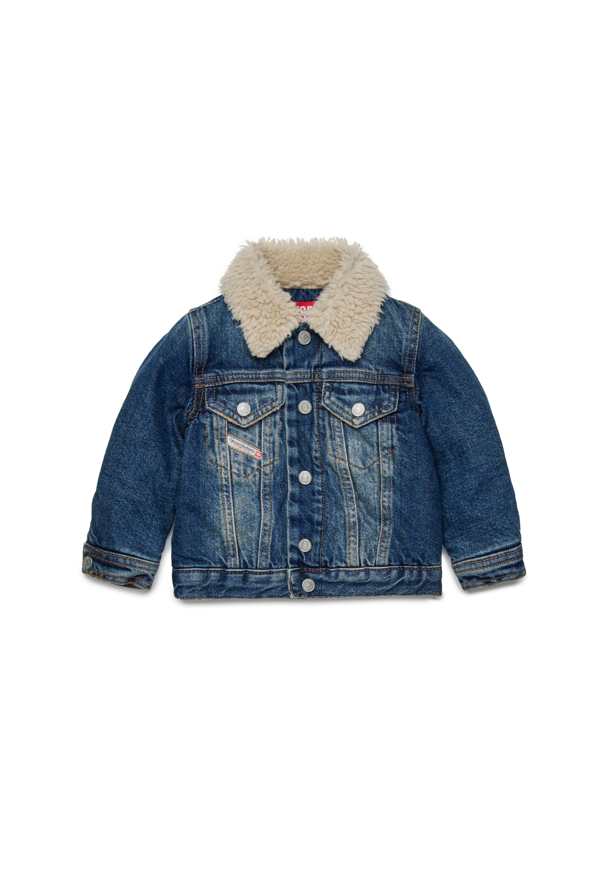 Dirty effect denim trucker jacket with teddy inner