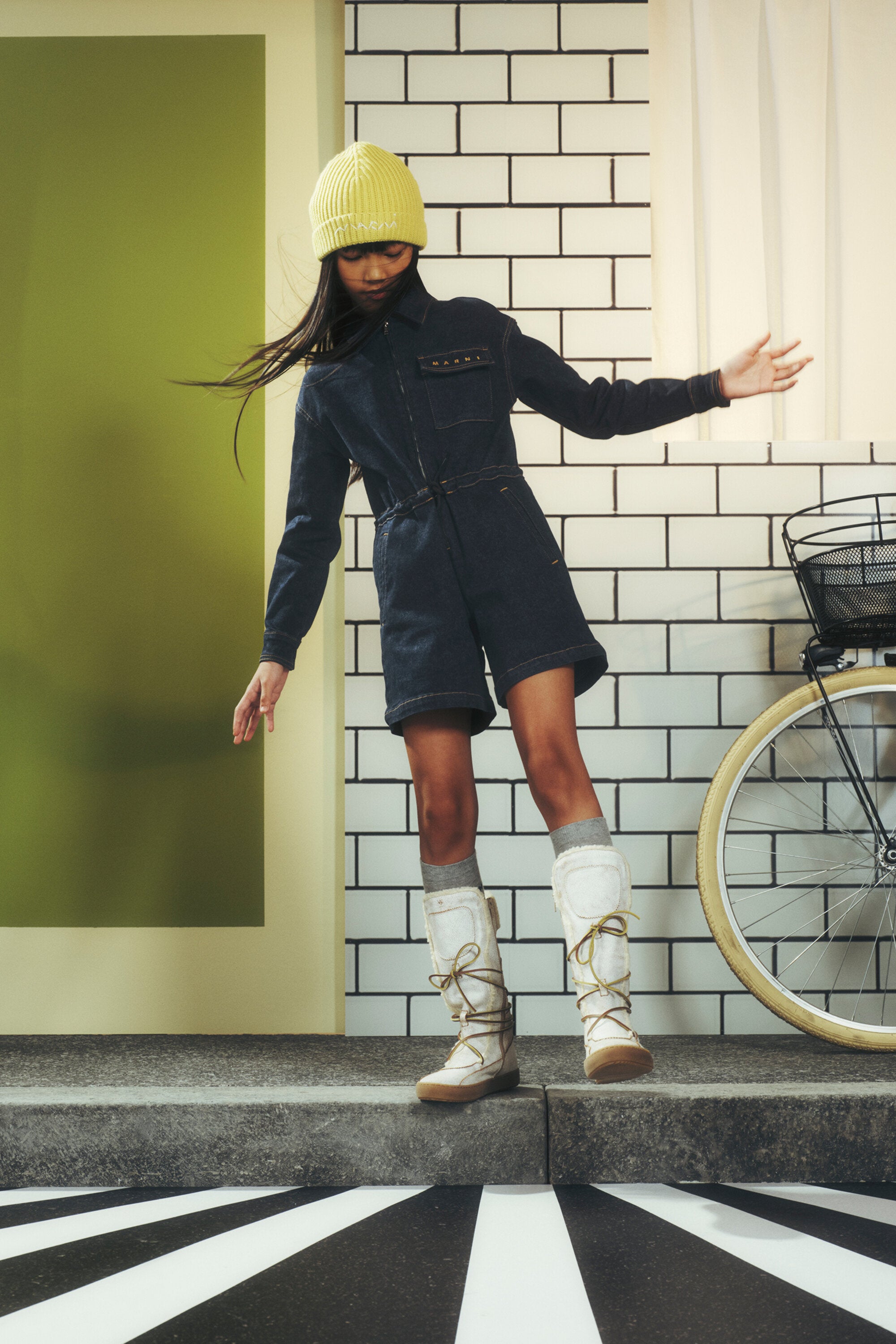 Marbled denim jumpsuit with drawstrings