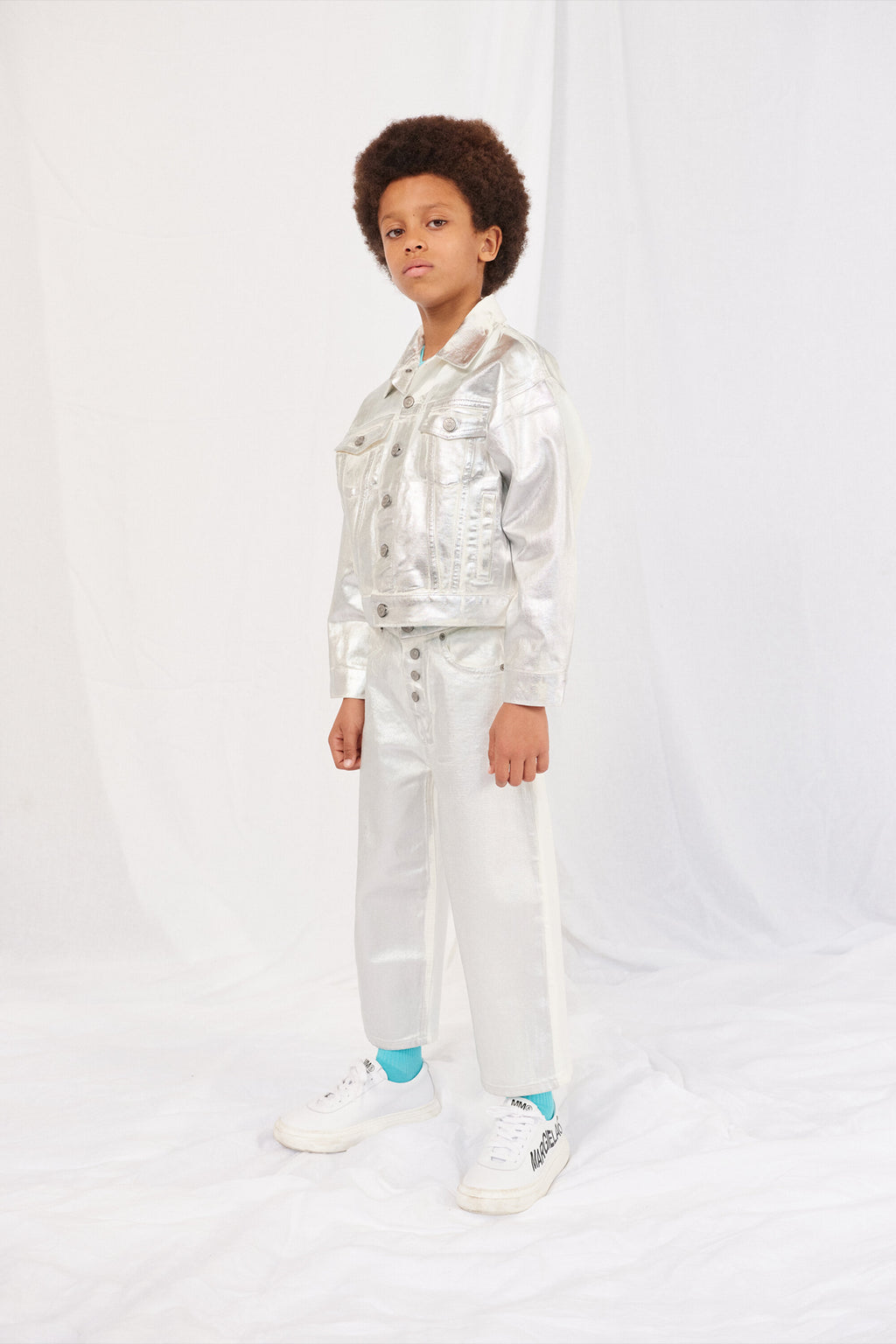 Metallic effect white denim jacket