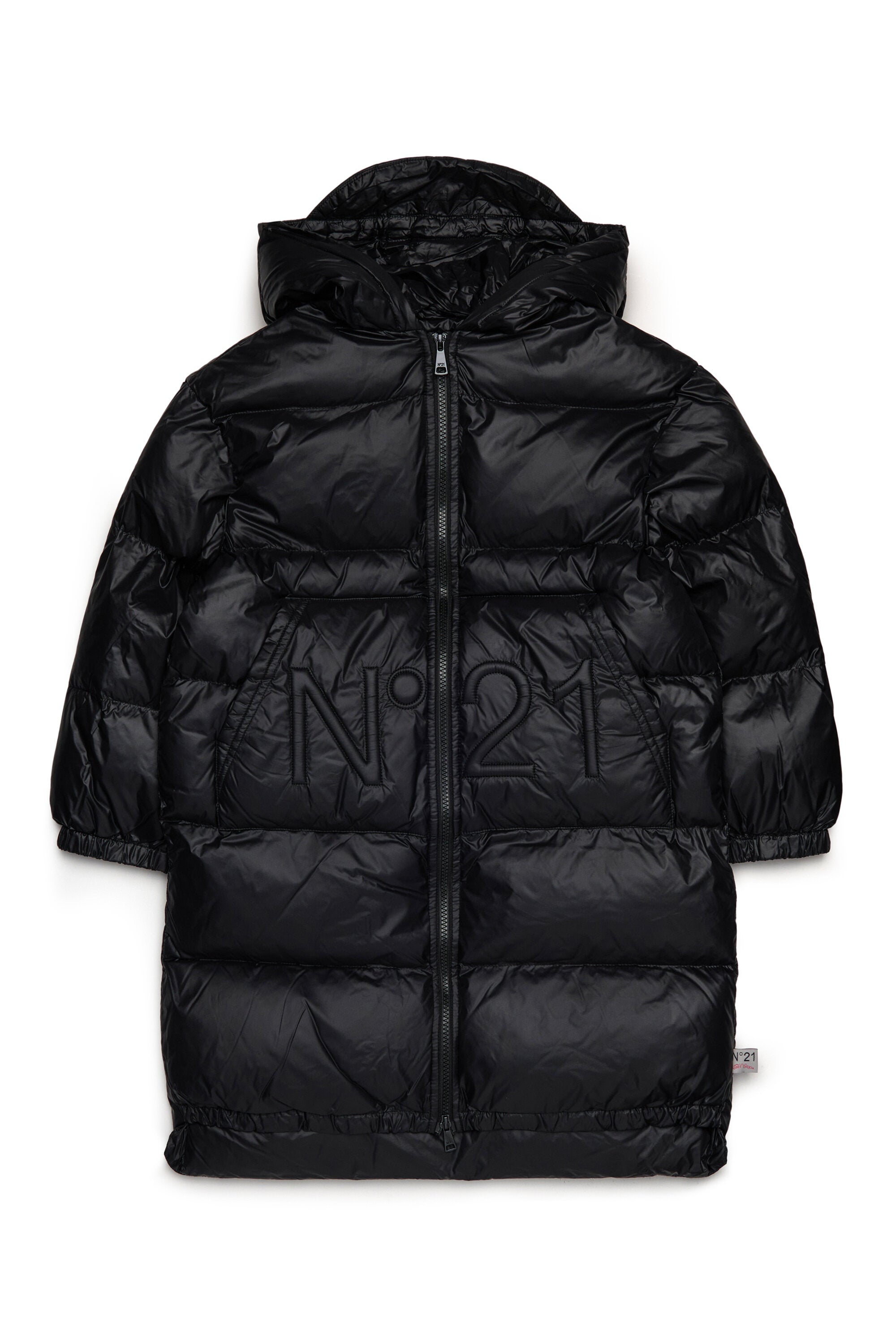 Long padded jacket with asymmetrical bottom