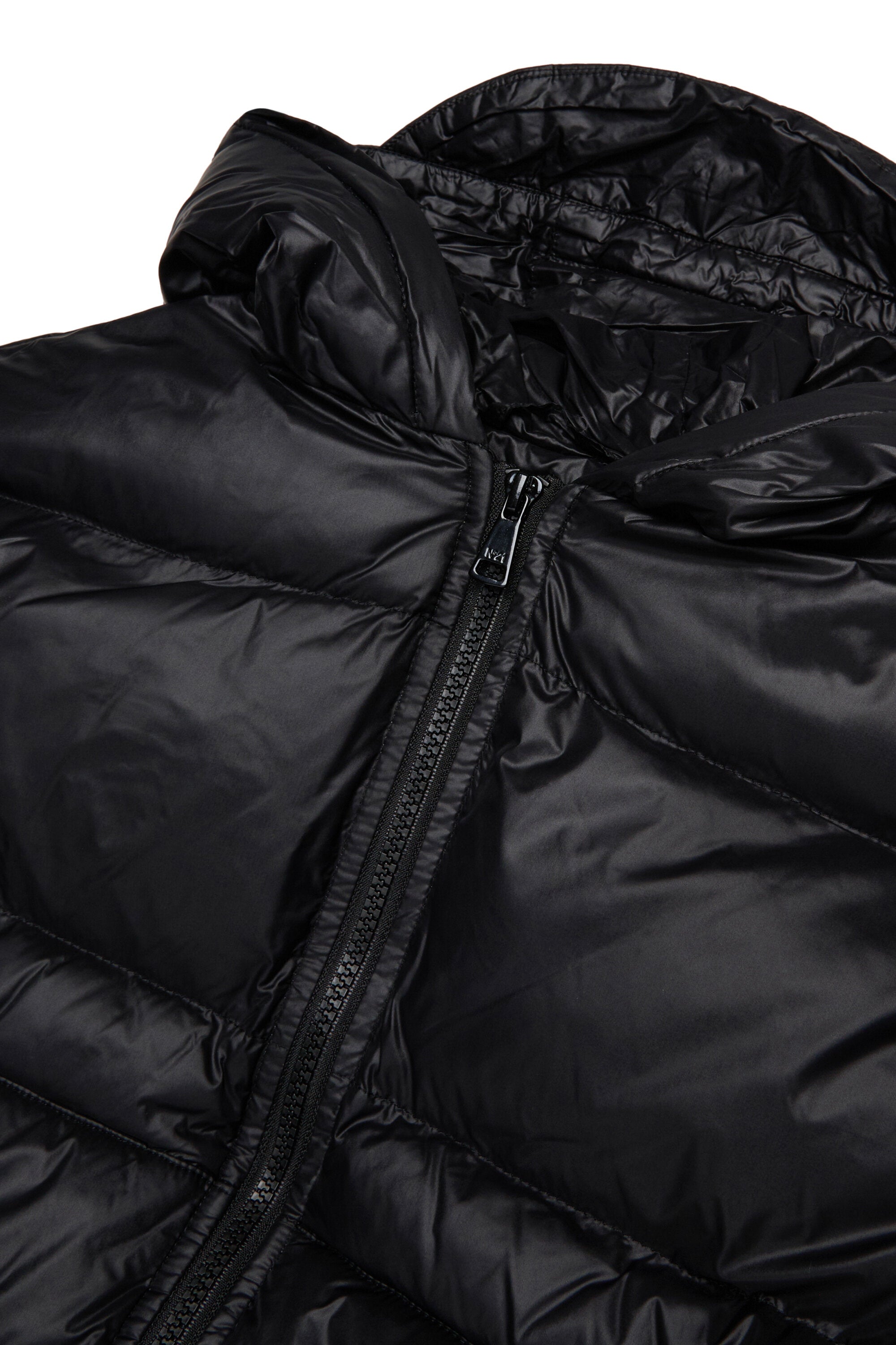 Long padded jacket with asymmetrical bottom